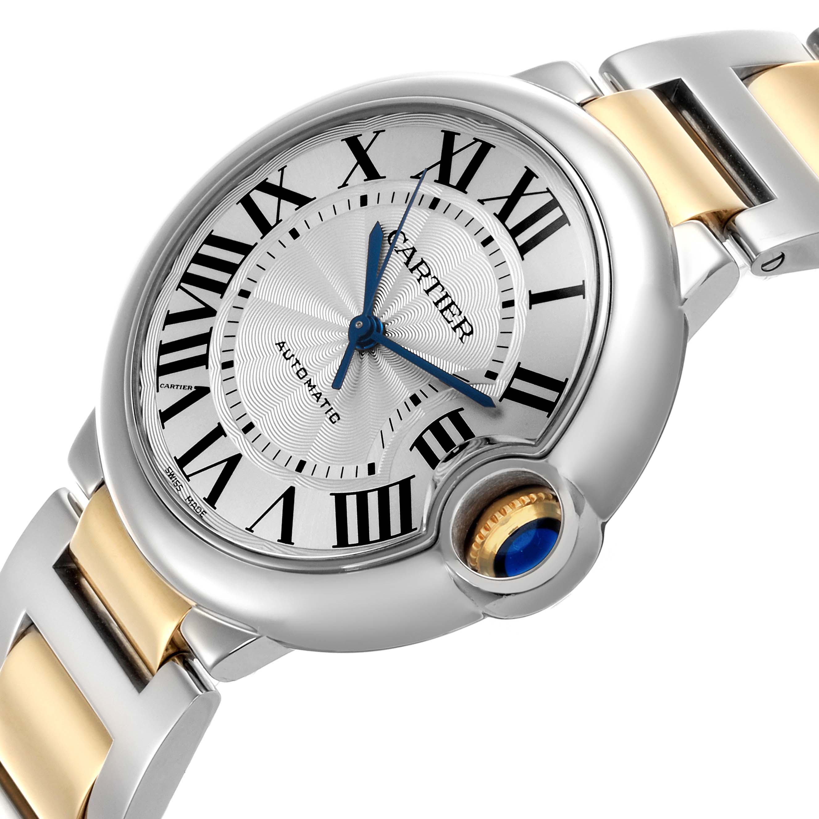 The Cartier Ballon Bleu W2BB0012 Women's Steel and Gold (two tone) Silver Dial W2BB0012 Women's Steel and Gold (two tone) Silver Dial watch is shown at an angled view, highlighting the face, bezel, crown with blue cabochon, and bracelet links.