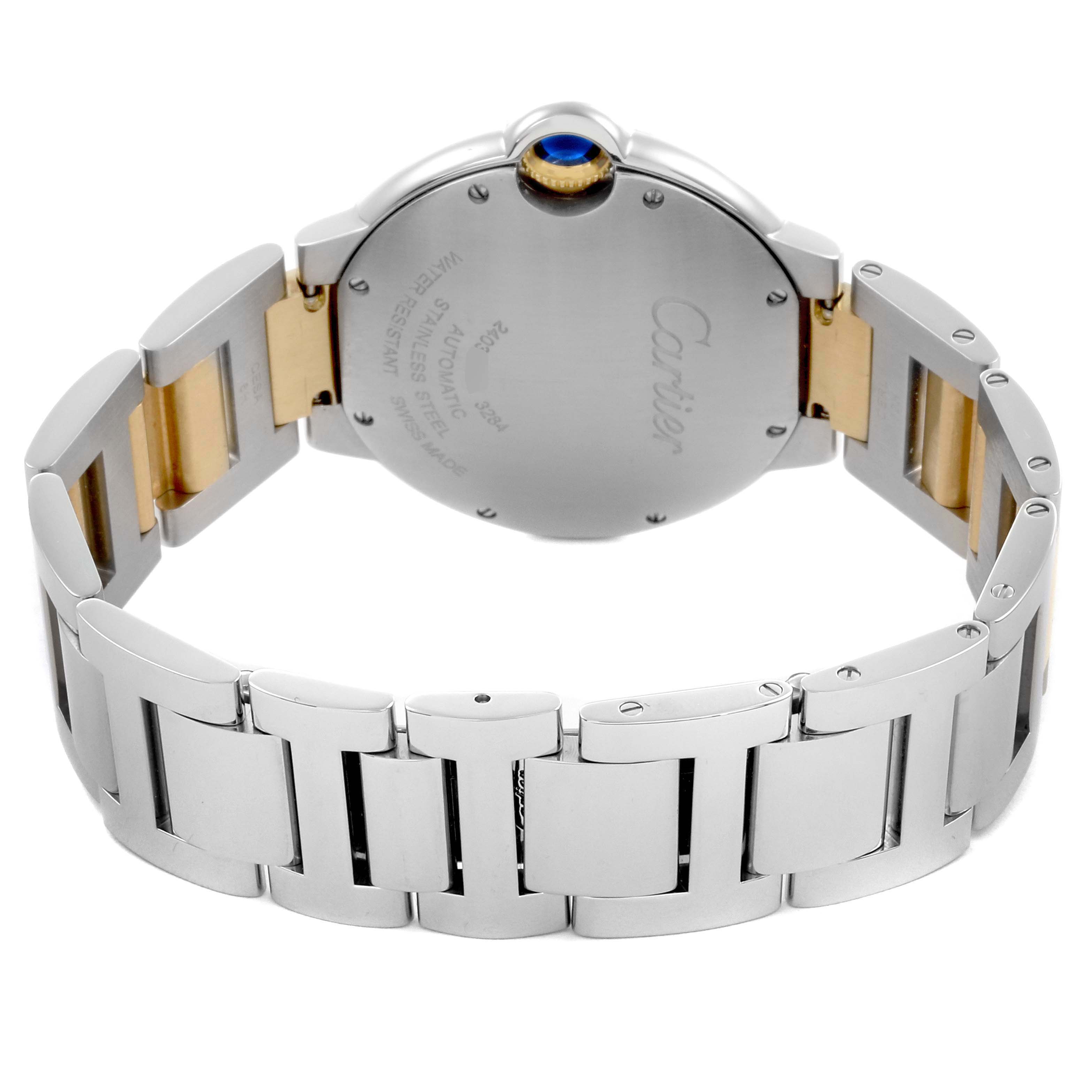 The image shows the back view of a Cartier Ballon Bleu W2BB0012 Women's Steel and Gold (two tone) Silver Dial W2BB0012 Women's Steel and Gold (two tone) Silver Dial watch, highlighting the case back and metal bracelet.