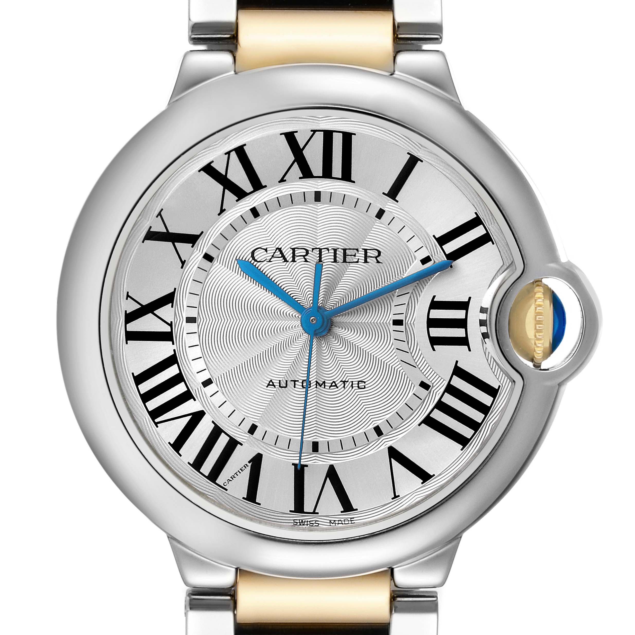 The Cartier Ballon Bleu W2BB0012 Women's Steel and Gold (two tone) Silver Dial W2BB0012 Women's Steel and Gold (two tone) Silver Dial watch is shown from the front, featuring its round silver dial, Roman numerals, and blue hands.