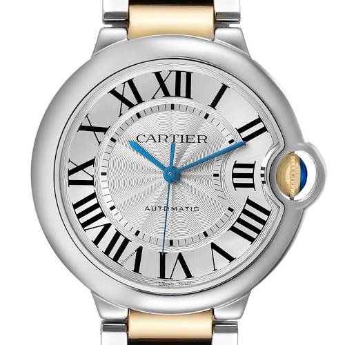 The Ballon Bleu de Cartier watch is shown from a front angle, highlighting its dial, hands, and crown.