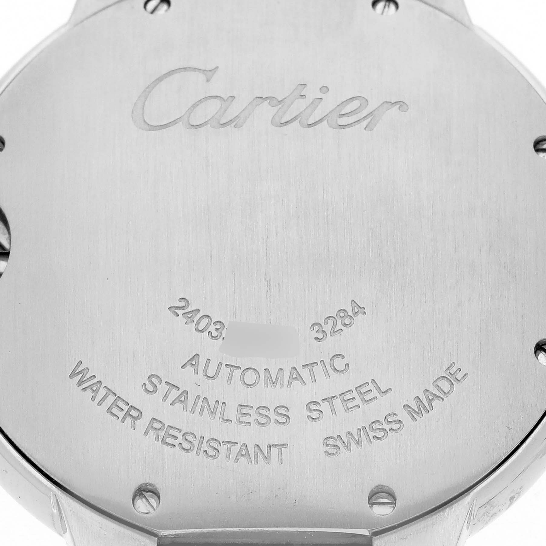 The image shows the back case of the Ballon Bleu by Cartier, highlighting engravings and screws.