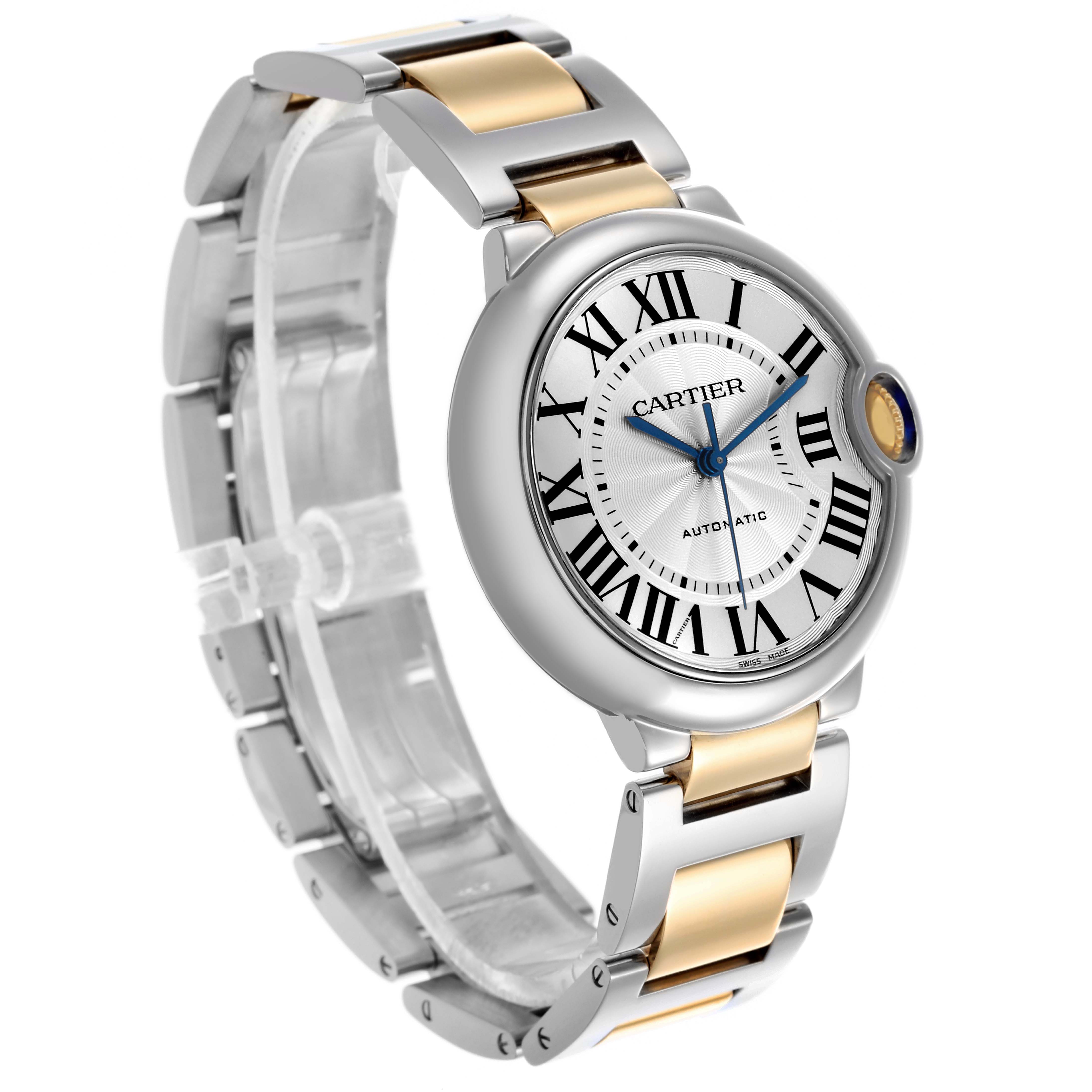 The Cartier Ballon Bleu W2BB0012 Women's Steel and Gold (two tone) Silver Dial W2BB0012 Women's Steel and Gold (two tone) Silver Dial watch is shown at an angled view highlighting its face, side, and bracelet.