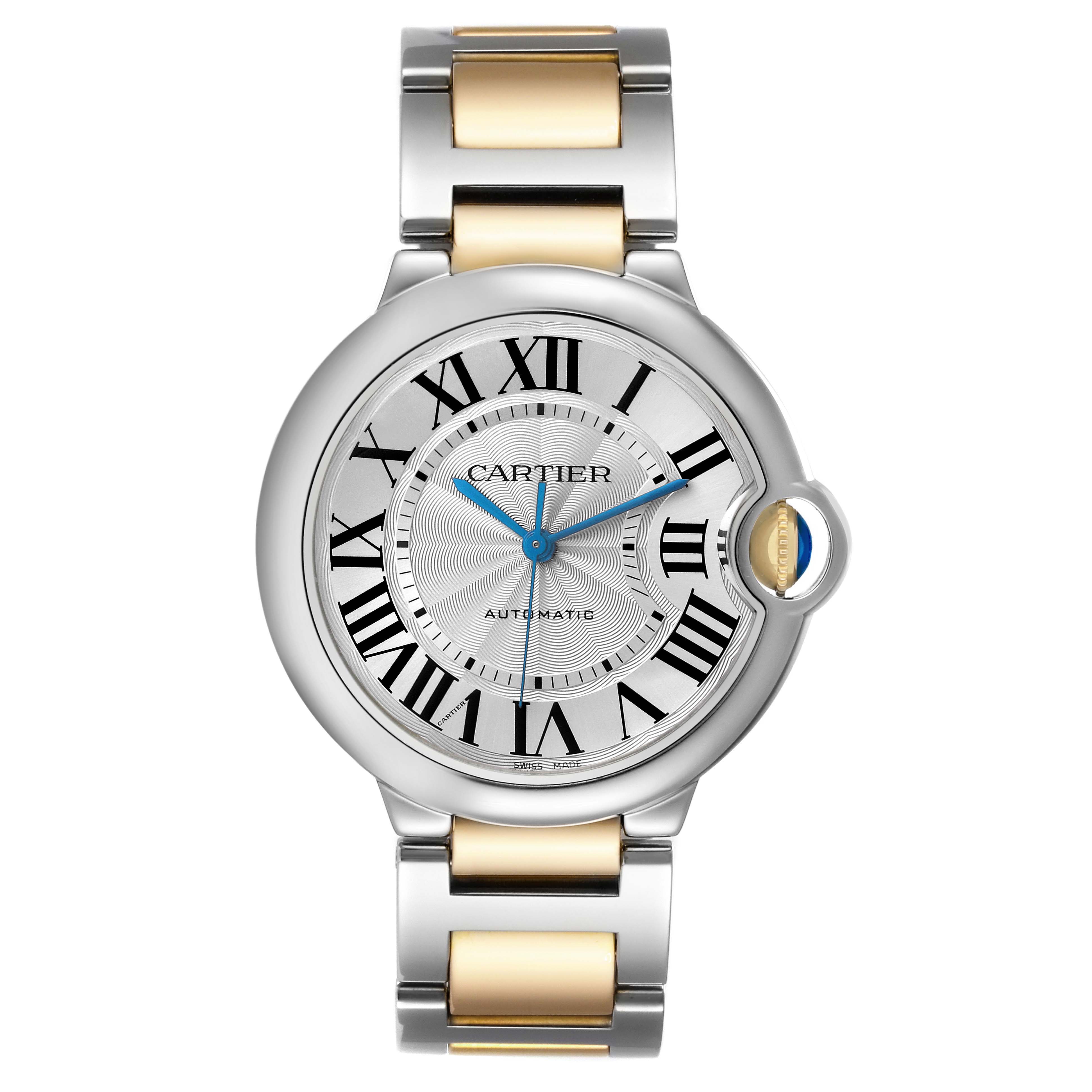The Cartier Ballon Bleu W2BB0012 Women's Steel and Gold (two tone) Silver Dial W2BB0012 Women's Steel and Gold (two tone) Silver Dial watch is shown from a straight-on angle, highlighting the face, bracelet, and crown.
