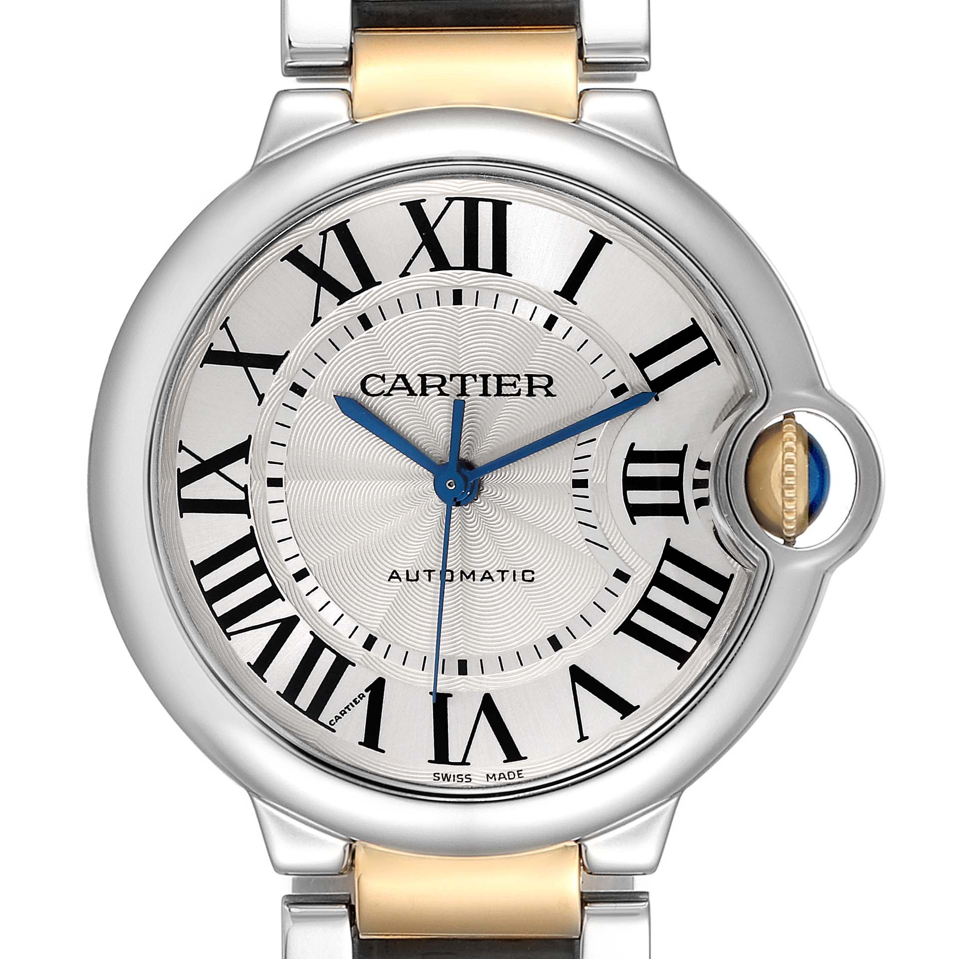 The image shows a close-up view of the Cartier Ballon Bleu W2BB0012 Men
s Steel and Gold (two tone) Silver Dial W2BB0012 Men
s Steel and Gold (two tone) Silver Dial watch, highlighting the dial, roman numerals, and crown.