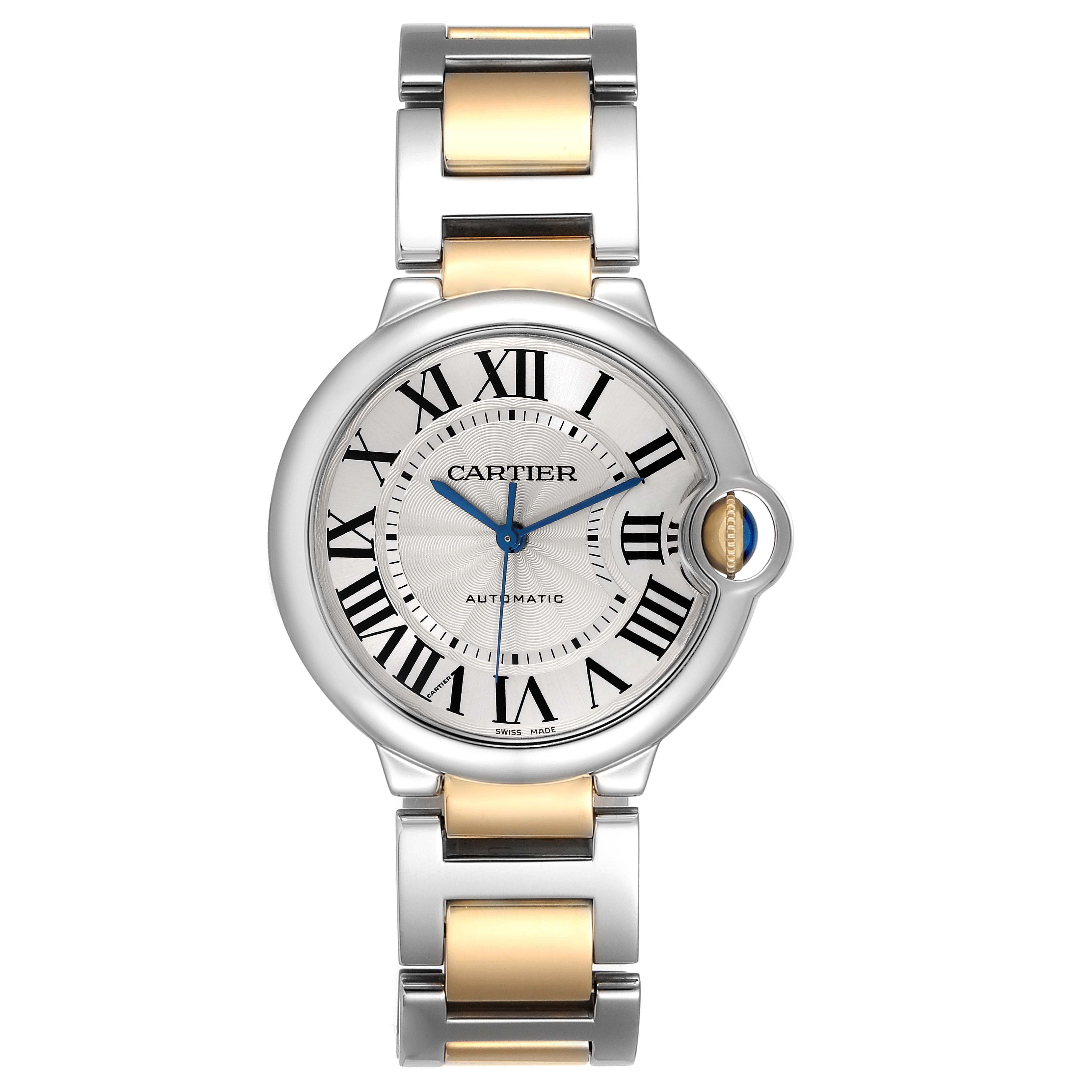 The image shows a front view of the Ballon Bleu watch by Cartier, highlighting its round face and metal bracelet.