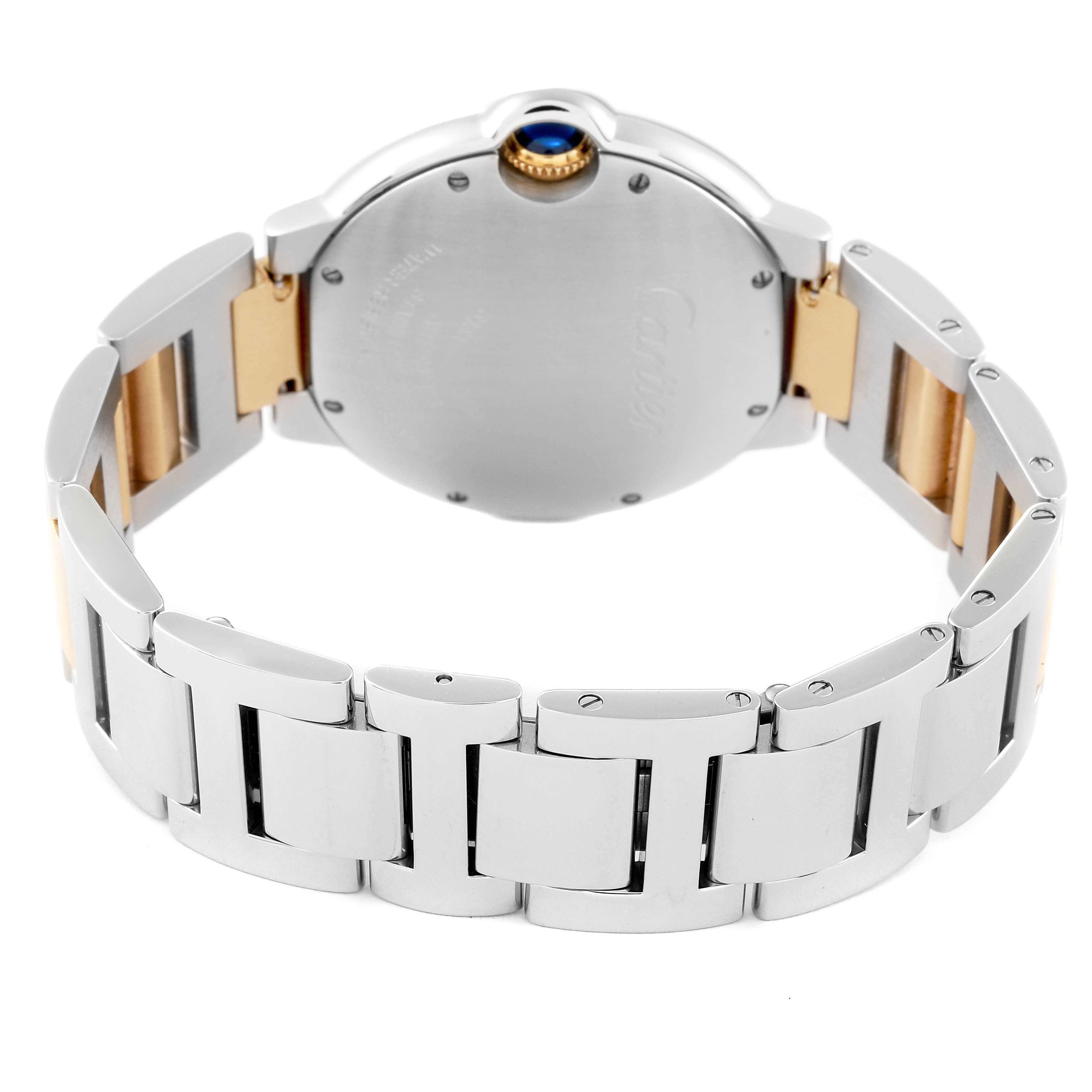 The image shows the back and bracelet of a Cartier Ballon Bleu W2BB0012 Men
s Steel and Gold (two tone) Silver Dial W2BB0012 Men
s Steel and Gold (two tone) Silver Dial watch, highlighting its two-tone metal design and caseback.