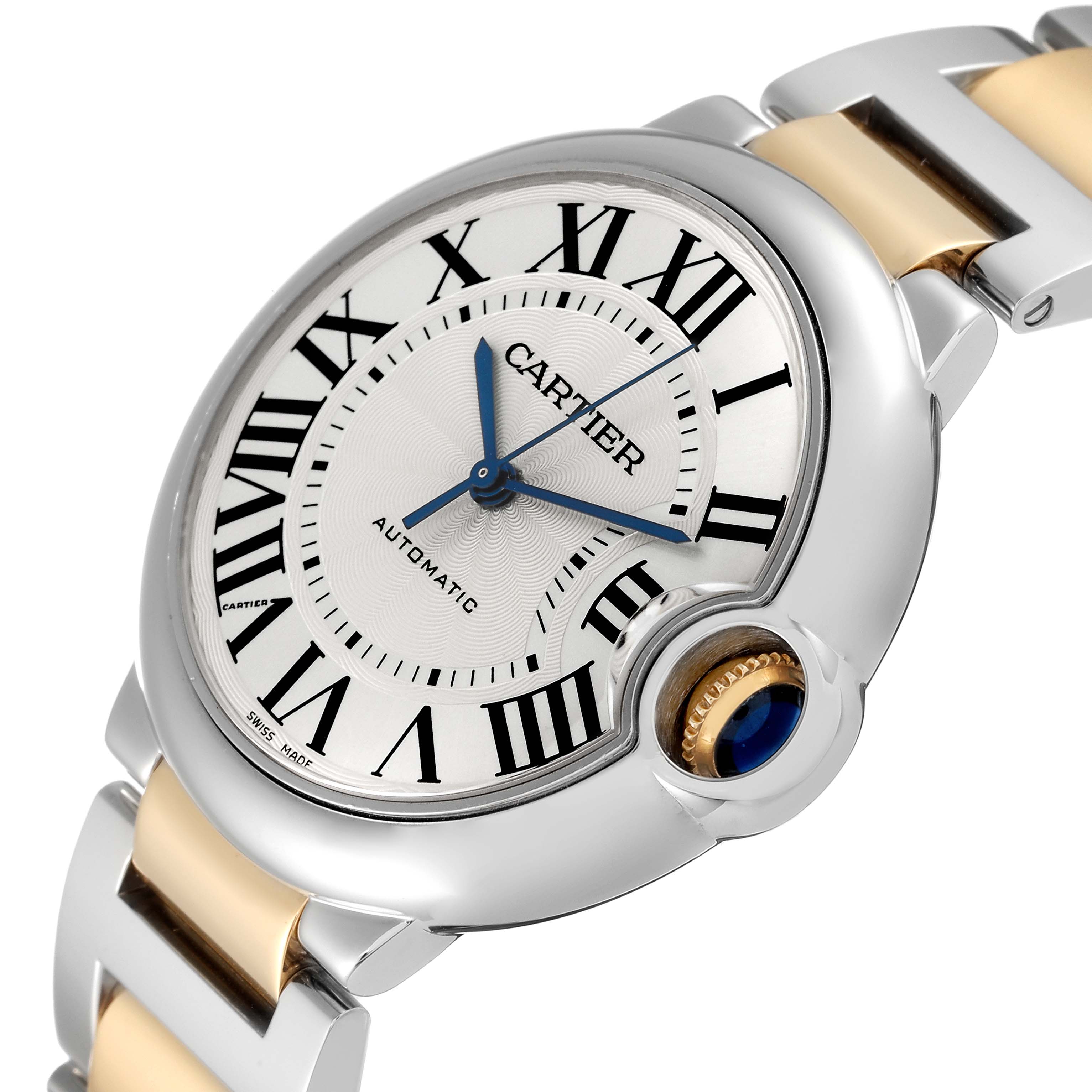 The image shows a close-up angle of the face and part of the band of a Cartier Ballon Bleu W2BB0012 Men
s Steel and Gold (two tone) Silver Dial W2BB0012 Men
s Steel and Gold (two tone) Silver Dial watch.
