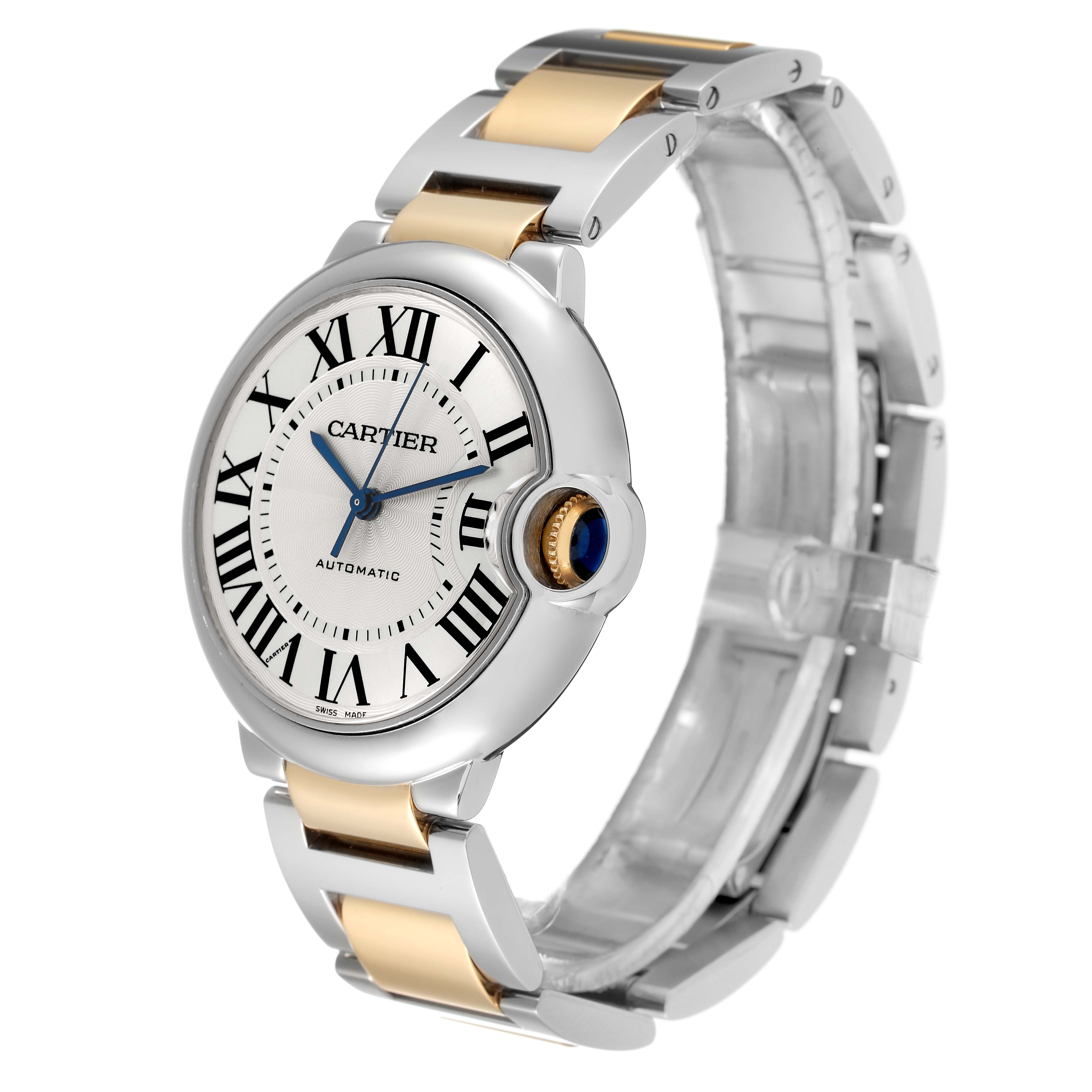 The image shows a Cartier Ballon Bleu W2BB0012 Men
s Steel and Gold (two tone) Silver Dial W2BB0012 Men
s Steel and Gold (two tone) Silver Dial watch angled from the front-left, highlighting its dial, crown, and bi-metal bracelet.