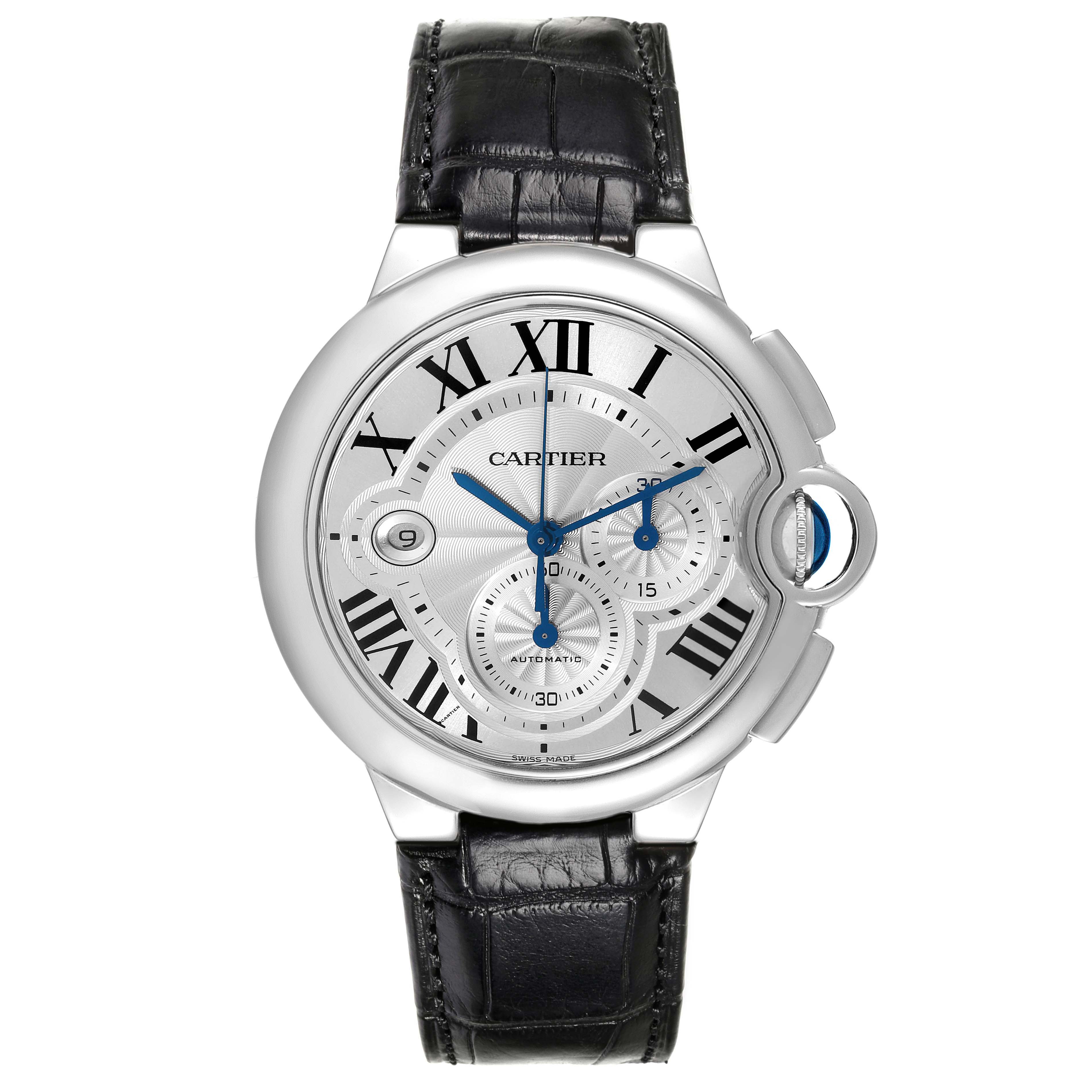 The Cartier Ballon Bleu W6920002 Men's Stainless Steel Silver Dial W6920002 Men's Stainless Steel Silver Dial watch is shown from the front, displaying its dial, Roman numerals, and crown.
