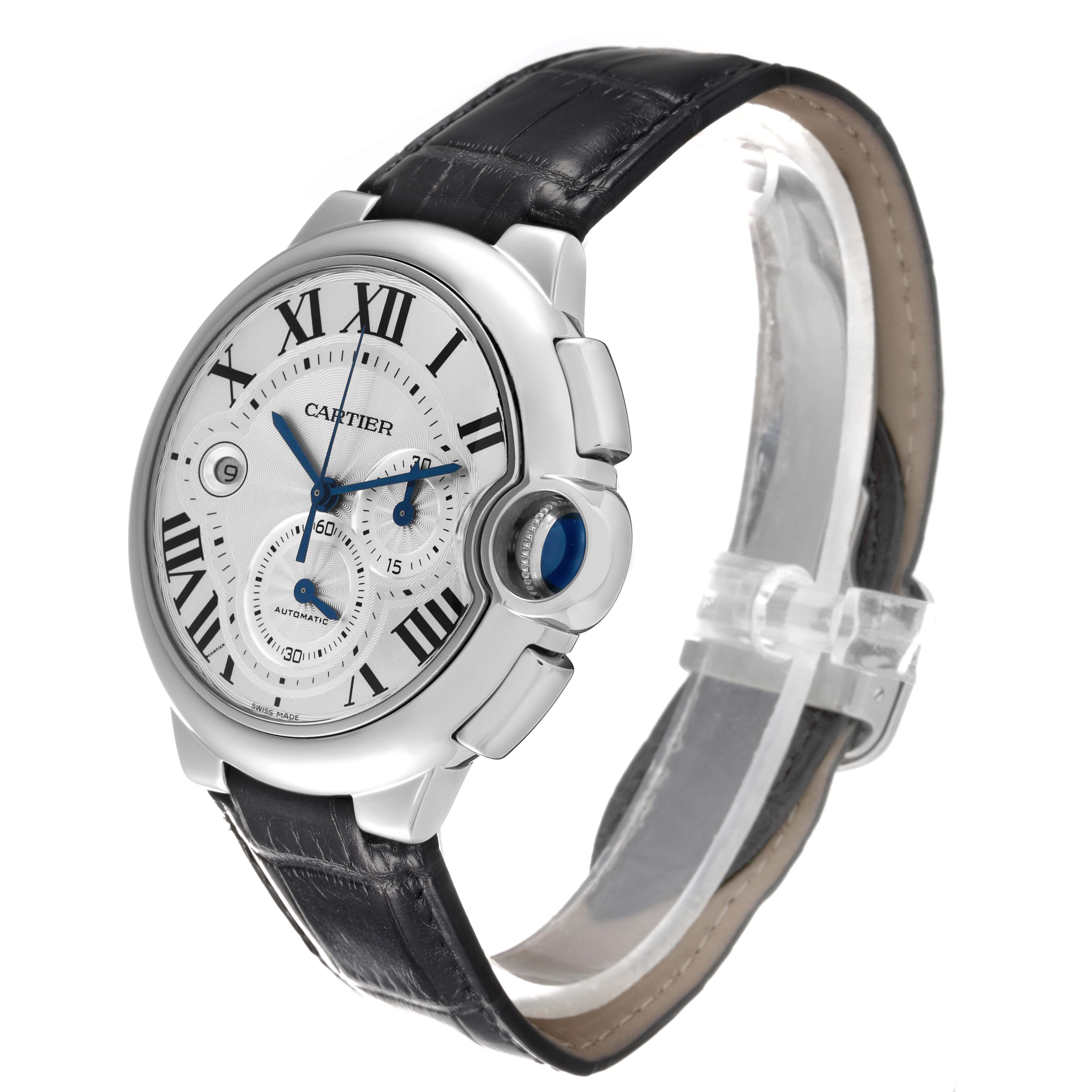 The Ballon Bleu by Cartier is shown from a side angle, highlighting the face, crown, and black leather strap.