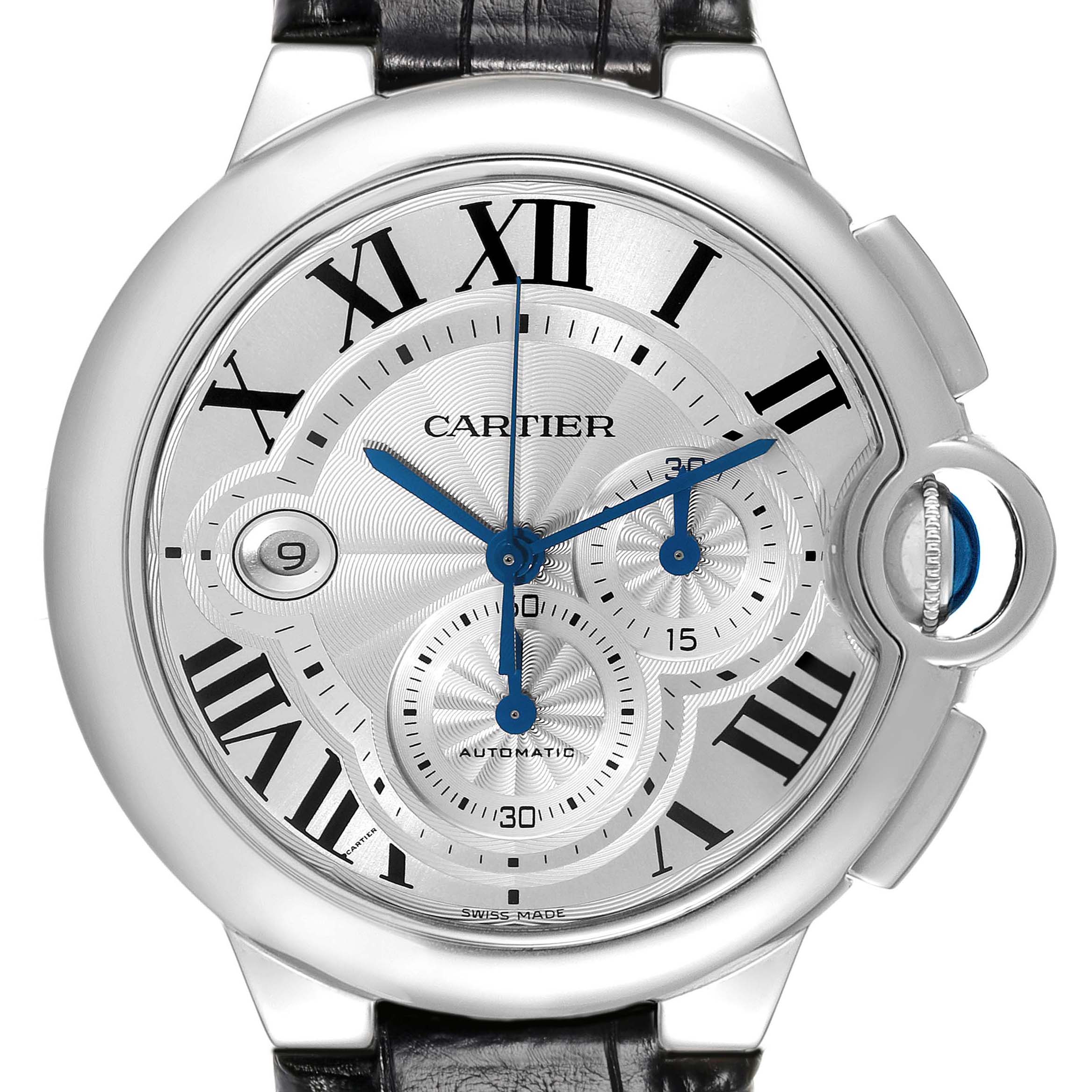 The image shows a frontal view of the Ballon Bleu by Cartier, featuring its dial, hands, and crown.