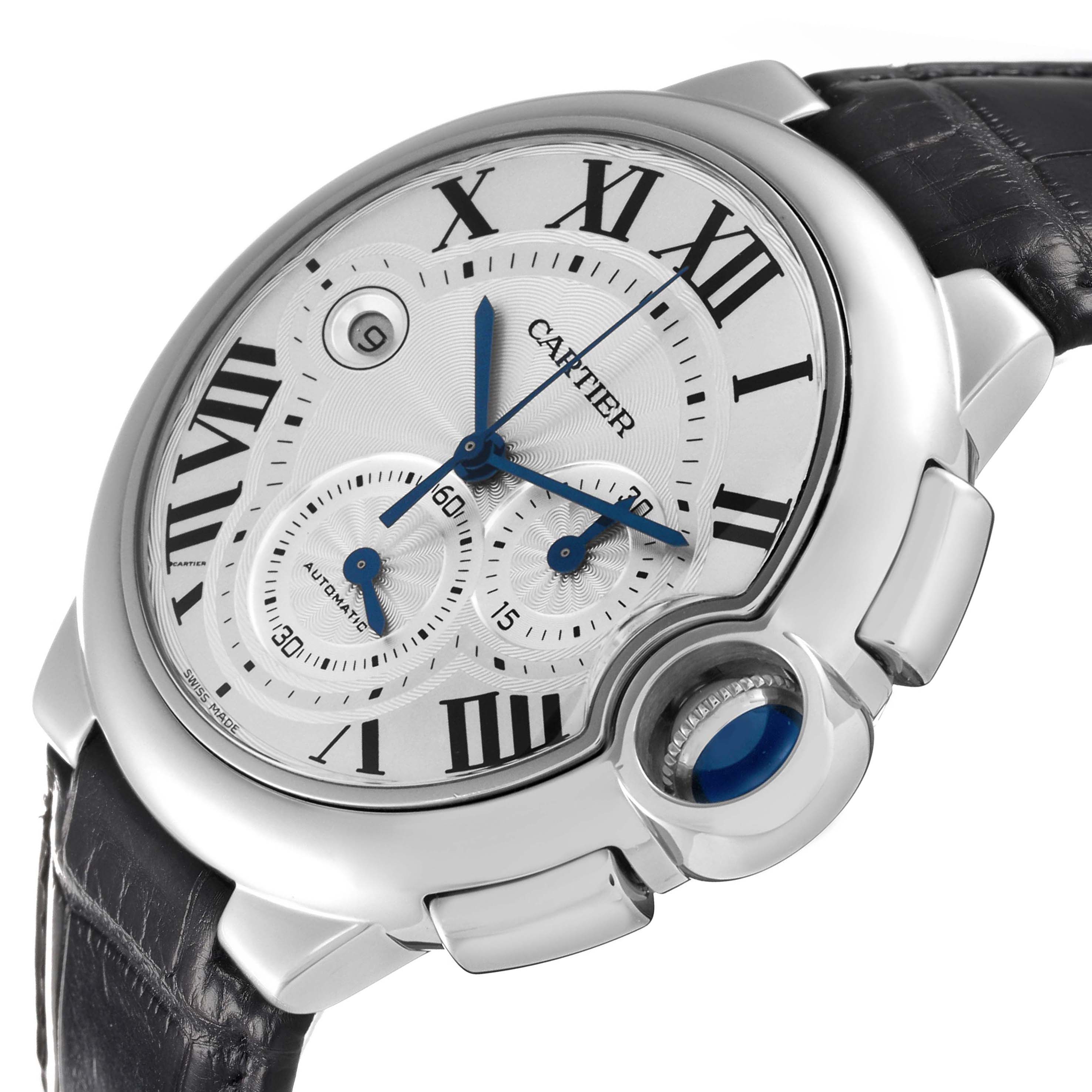 The image shows a Cartier Ballon Bleu W6920002 Men's Stainless Steel Silver Dial W6920002 Men's Stainless Steel Silver Dial watch at an angle highlighting its face, Roman numerals, subdials, and crown with a blue cabochon.
