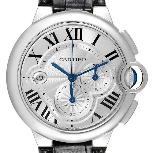 The Cartier Ballon Bleu watch is shown from a front angle, displaying its face, crown, and strap.