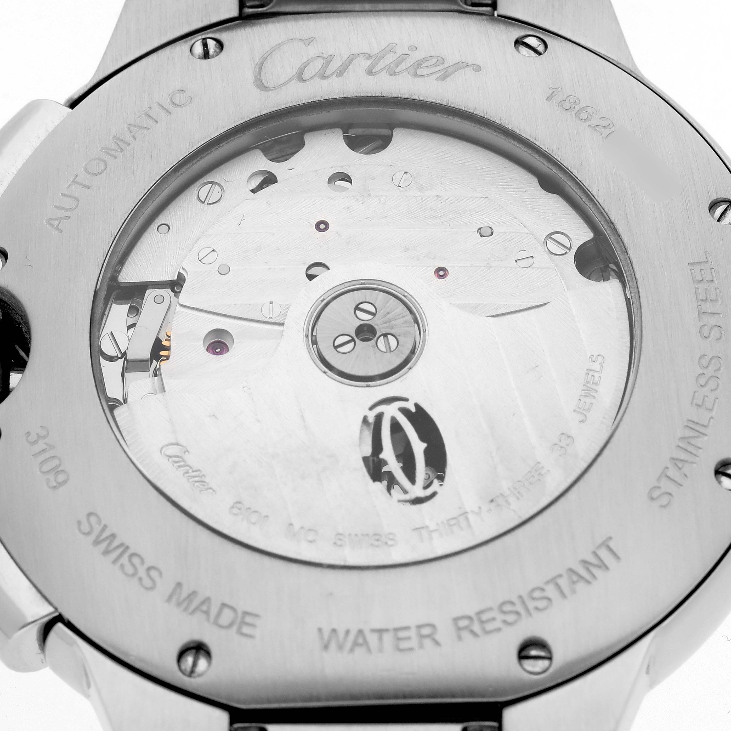 The image shows the back view of a Cartier Ballon Bleu W6920002 Men's Stainless Steel Silver Dial W6920002 Men's Stainless Steel Silver Dial, highlighting its automatic movement and stainless steel case.
