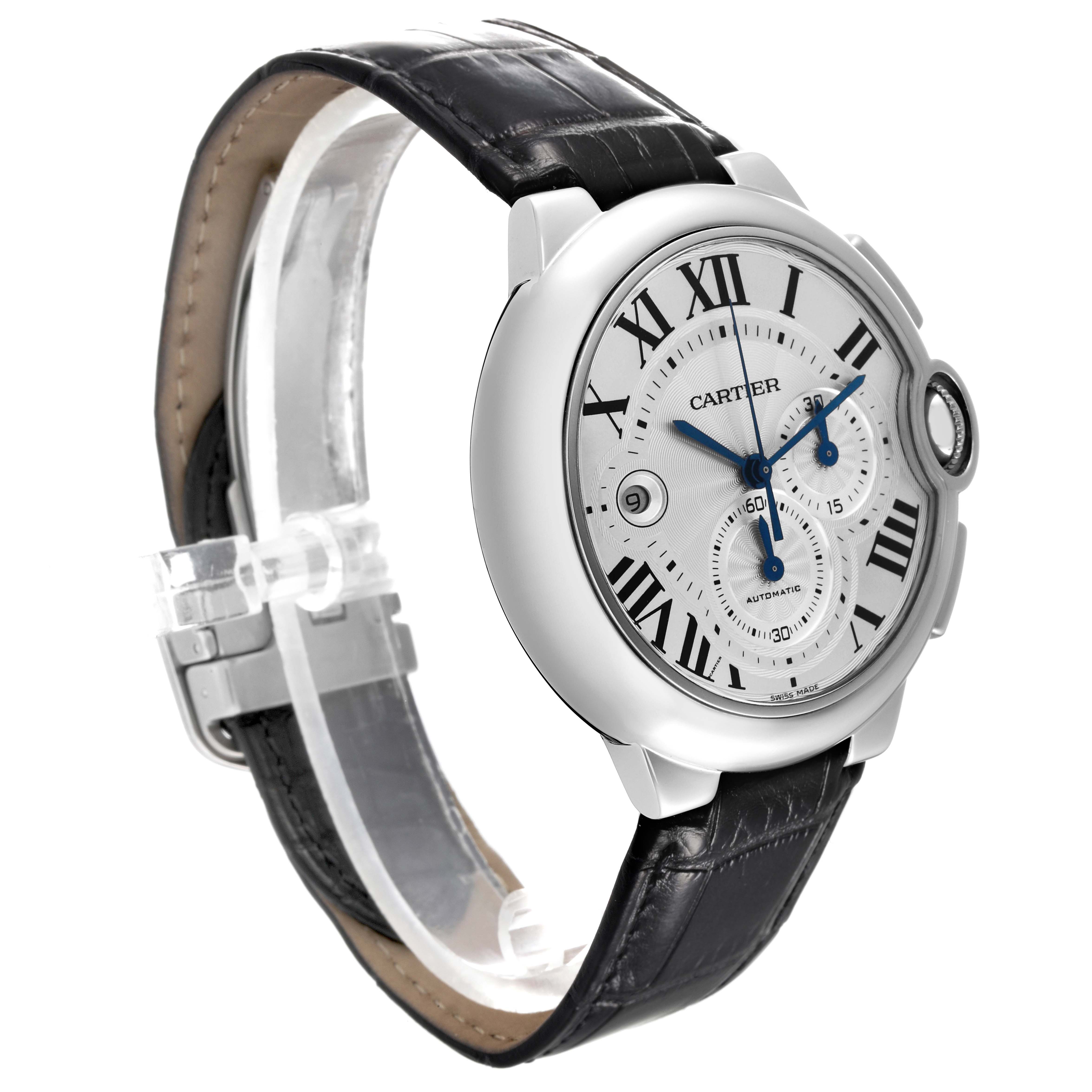 The Cartier Ballon Bleu W6920002 Men's Stainless Steel Silver Dial W6920002 Men's Stainless Steel Silver Dial watch is shown at a side angle, featuring the face, crown, and black leather strap.