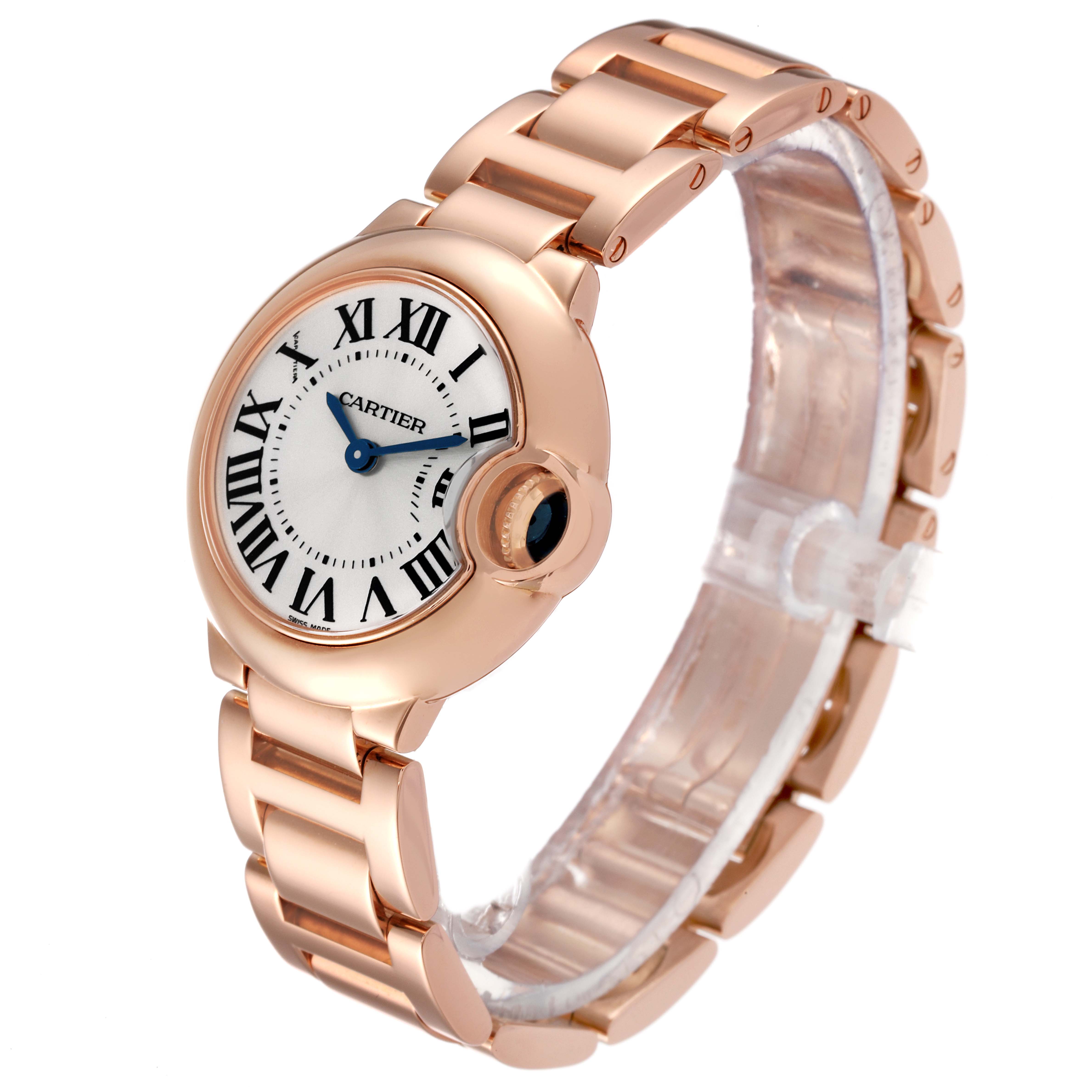 The image shows a side angle view of a Cartier Ballon Bleu W69002Z2 Women's Rose Gold Silver Dial W69002Z2 Women's Rose Gold Silver Dial watch showcasing its dial, bracelet, and crown.