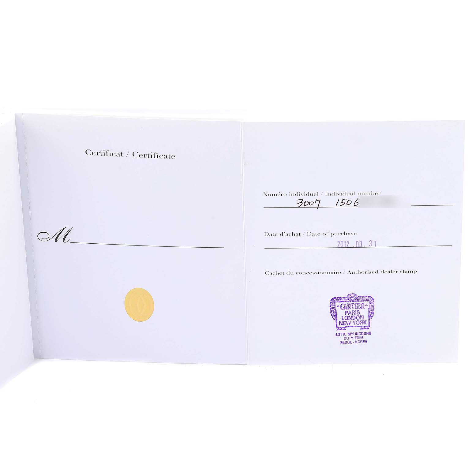 The image shows the warranty certificate for a Ballon Bleu model by Cartier, featuring purchase date and dealer stamp.