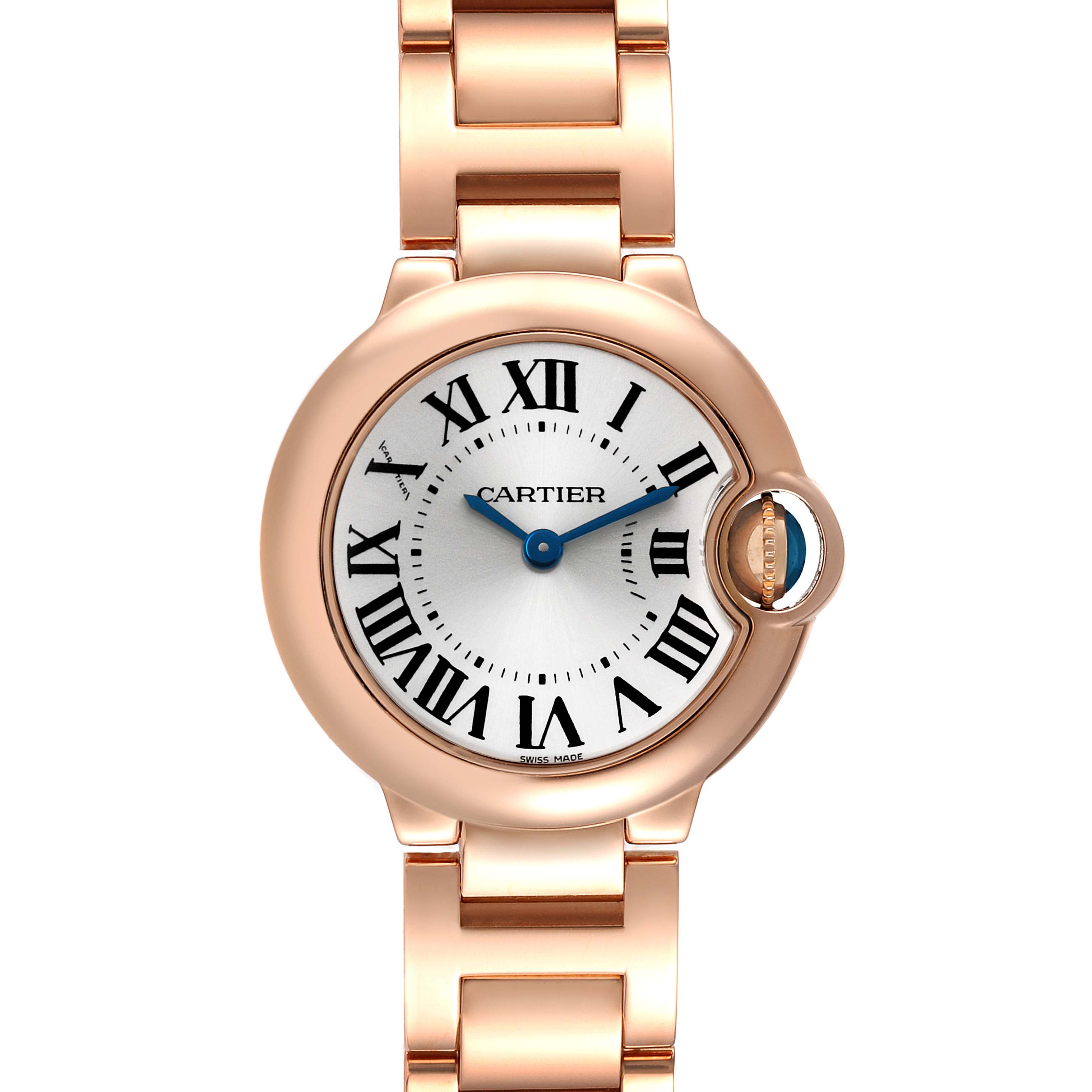 This image shows a top-down view of a Cartier Ballon Bleu W69002Z2 Women's Rose Gold Silver Dial W69002Z2 Women's Rose Gold Silver Dial watch, highlighting the face, Roman numerals, hands, and bracelet.