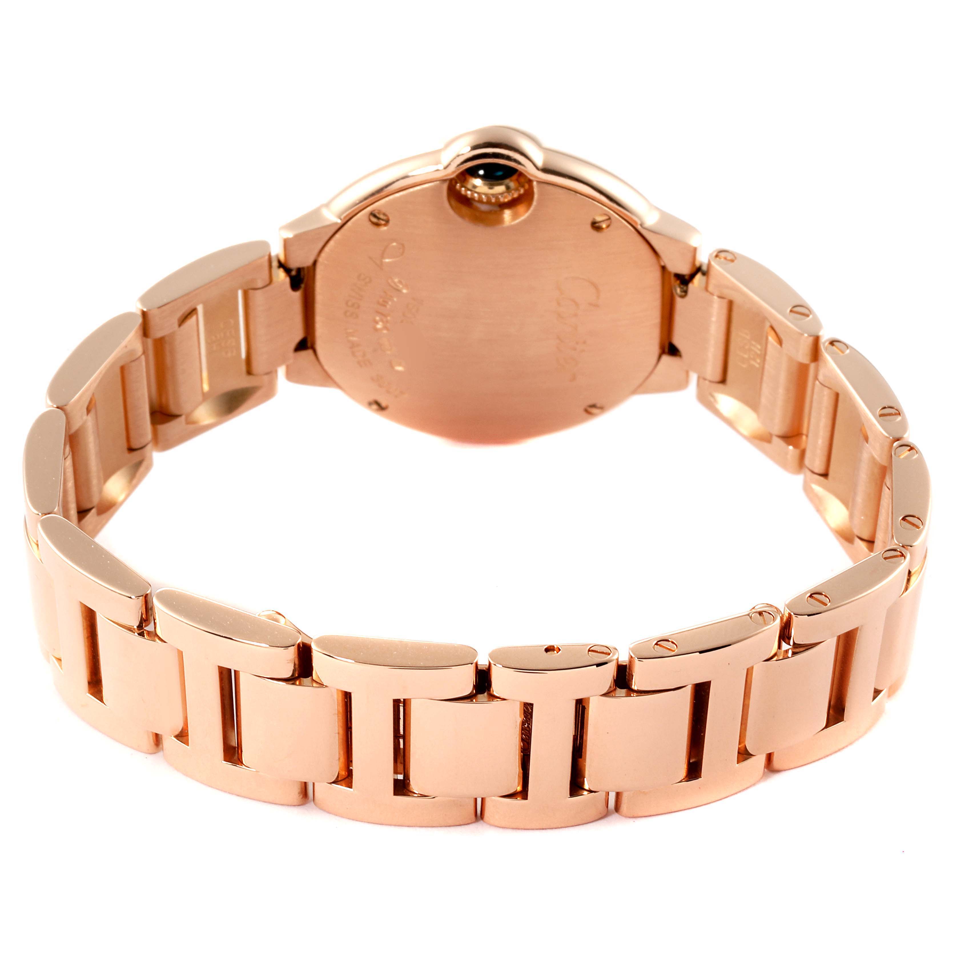 The image shows the back and bracelet of a Cartier Ballon Bleu W69002Z2 Women's Rose Gold Silver Dial W69002Z2 Women's Rose Gold Silver Dial watch at a low, straight-on angle.