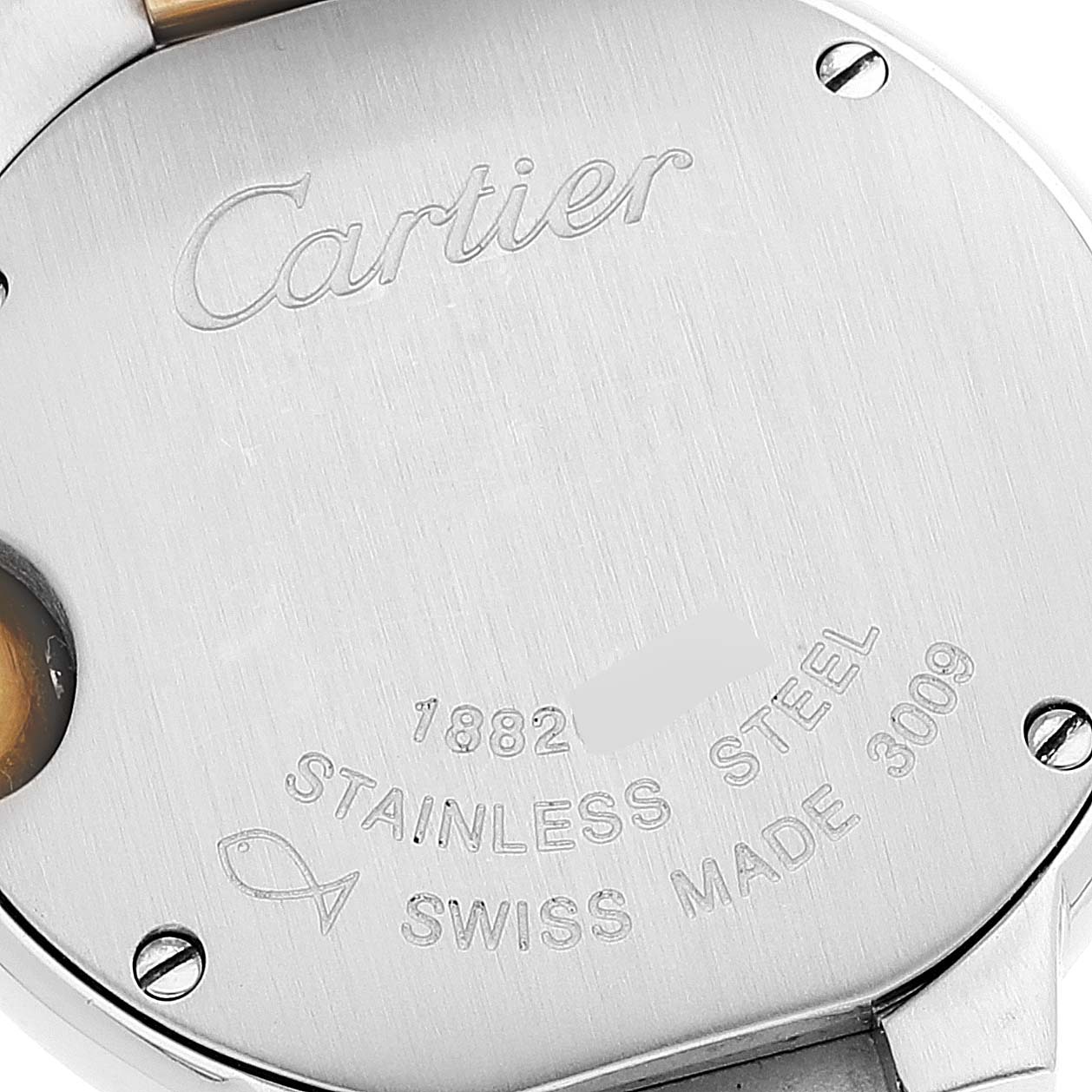 The image shows the stainless steel case back of a Cartier Ballon Bleu W69007Z3 Women
s Steel and Gold (two tone) Silver Dial W69007Z3 Women
s Steel and Gold (two tone) Silver Dial watch, highlighting its engraved details and screws.