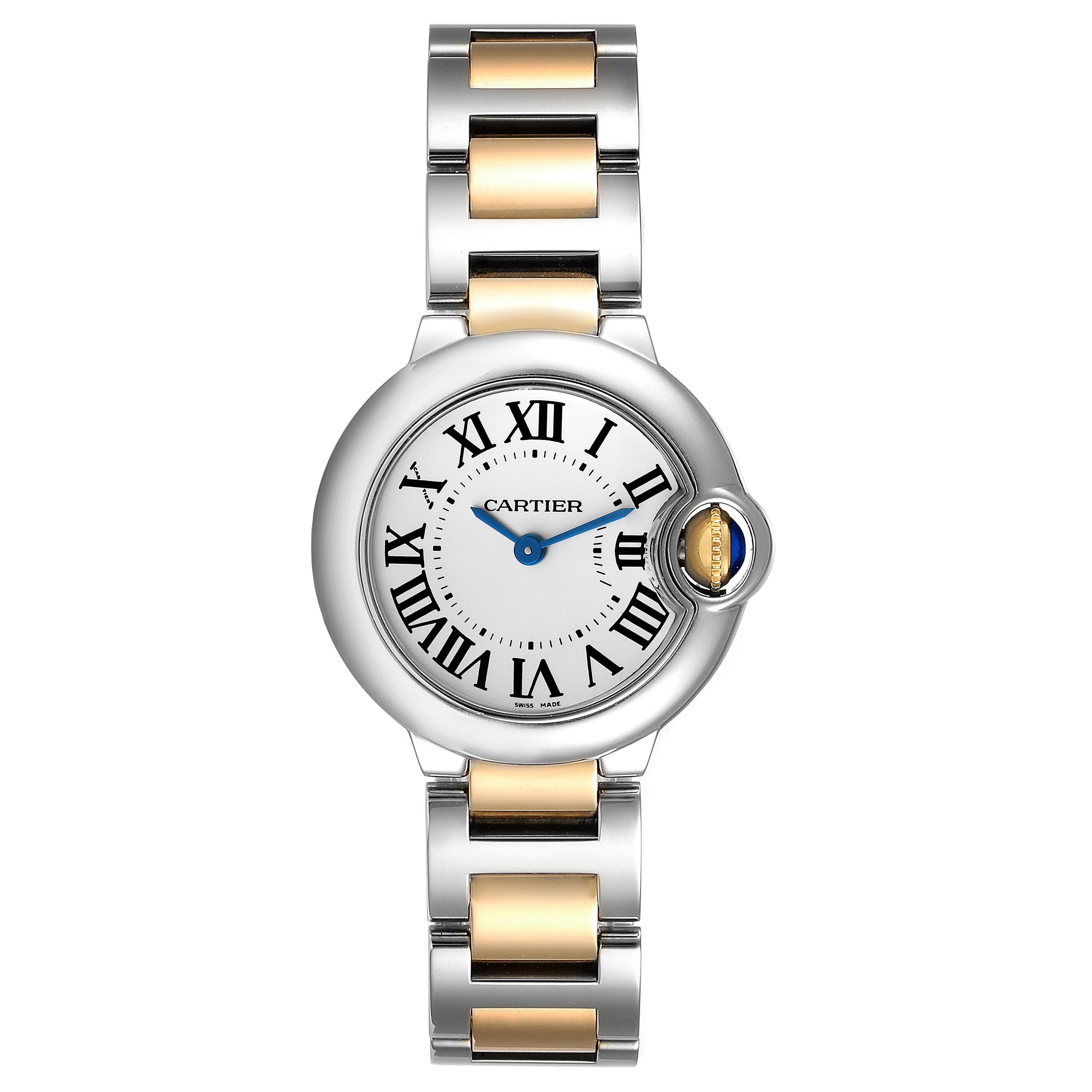 This image shows the front view of a Cartier Ballon Bleu W69007Z3 Women
s Steel and Gold (two tone) Silver Dial W69007Z3 Women
s Steel and Gold (two tone) Silver Dial watch, highlighting the dial, hands, and two-tone bracelet.