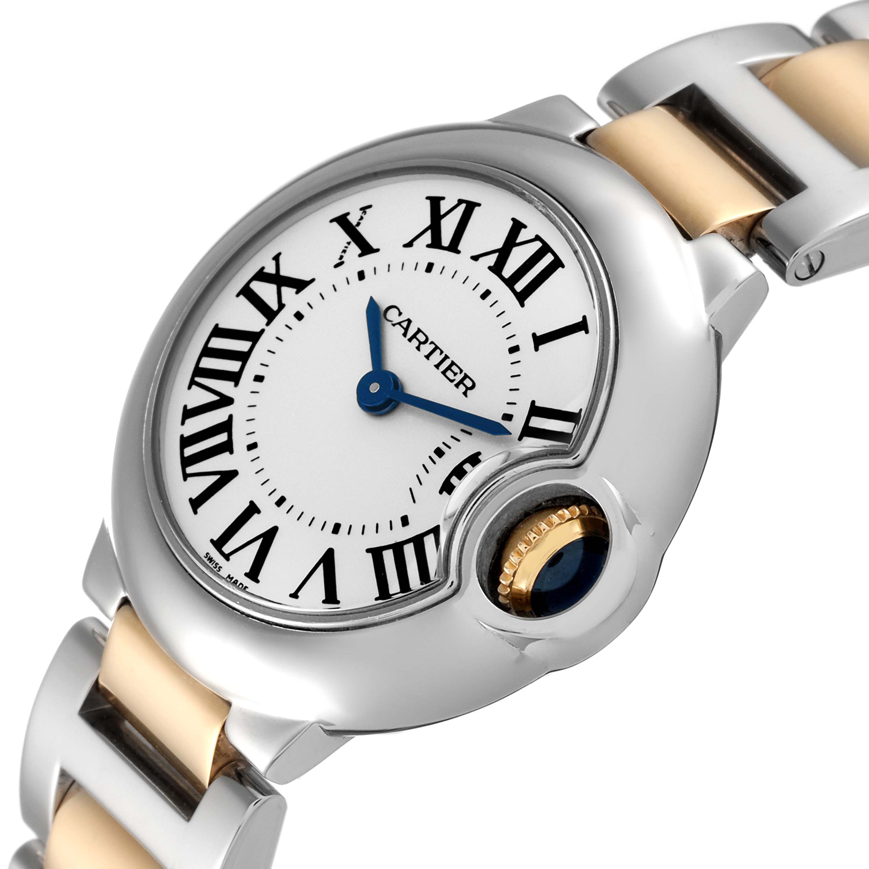 The Cartier Ballon Bleu W69007Z3 Women
s Steel and Gold (two tone) Silver Dial W69007Z3 Women
s Steel and Gold (two tone) Silver Dial watch is shown at a slight angle, highlighting its face, crown, and part of its band.