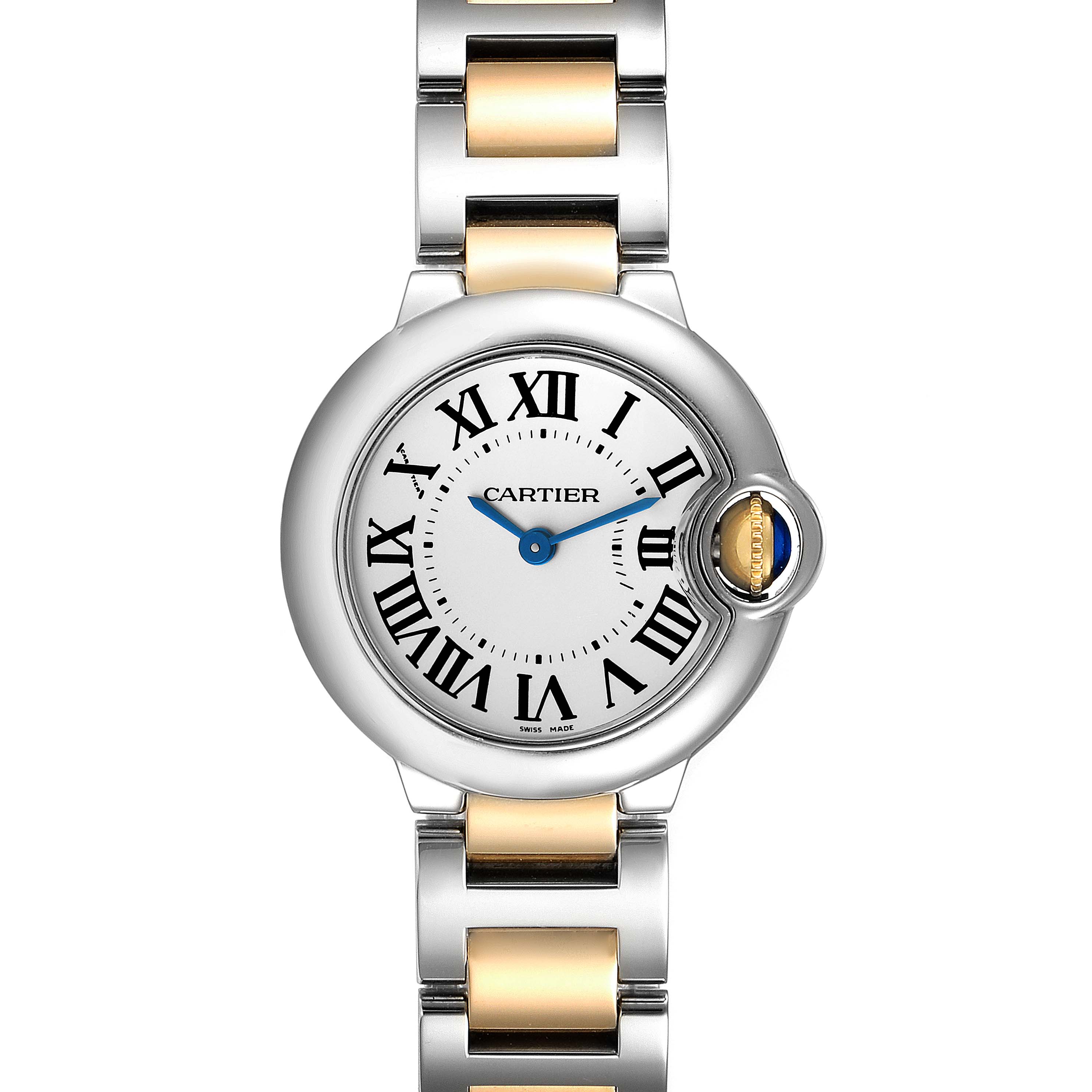 This is a frontal view of the Ballon Bleu de Cartier watch, displaying the face, crown, and bracelet.