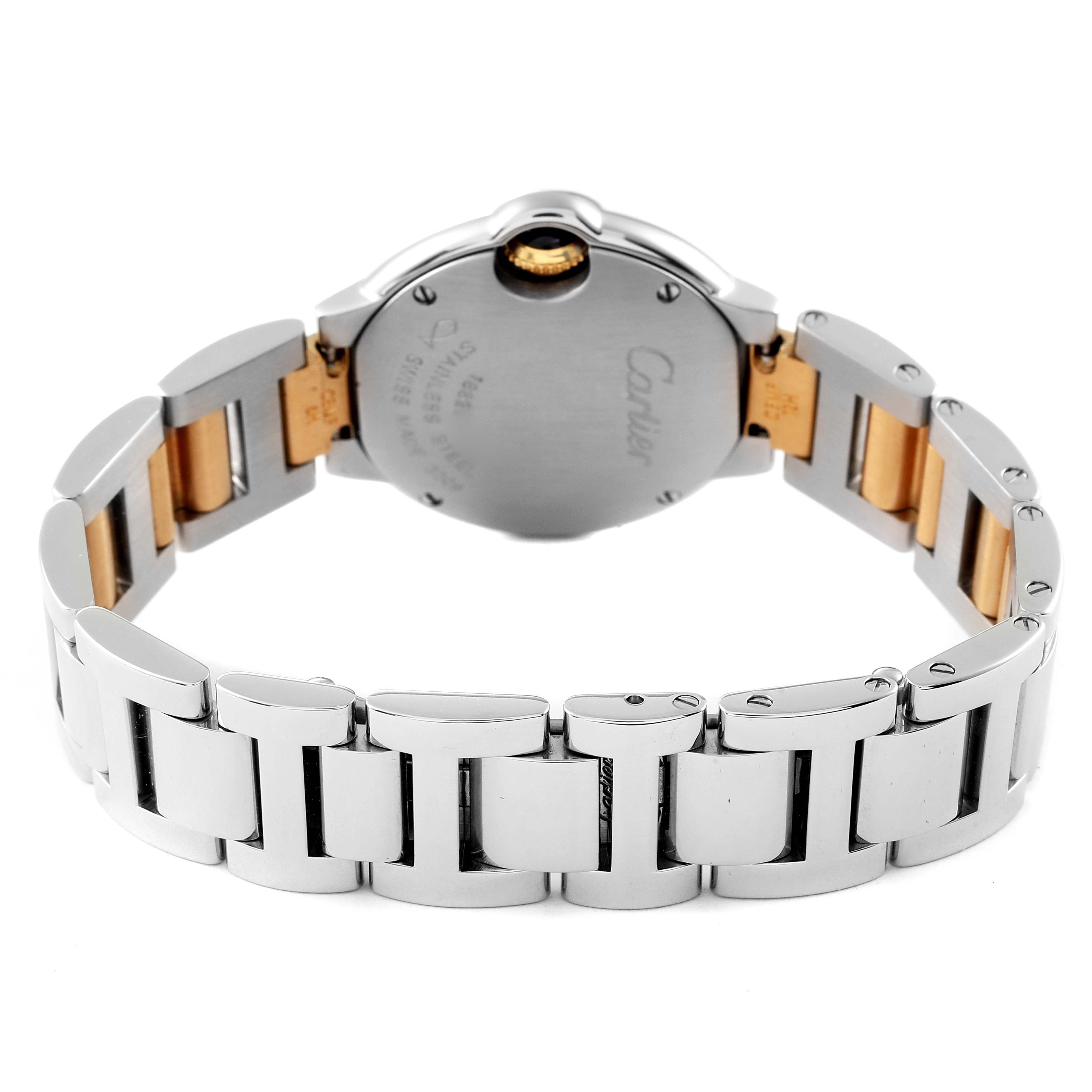 The image shows the back case and bracelet of a Cartier Ballon Bleu W69007Z3 Women
s Steel and Gold (two tone) Silver Dial W69007Z3 Women
s Steel and Gold (two tone) Silver Dial watch from a rear angle.