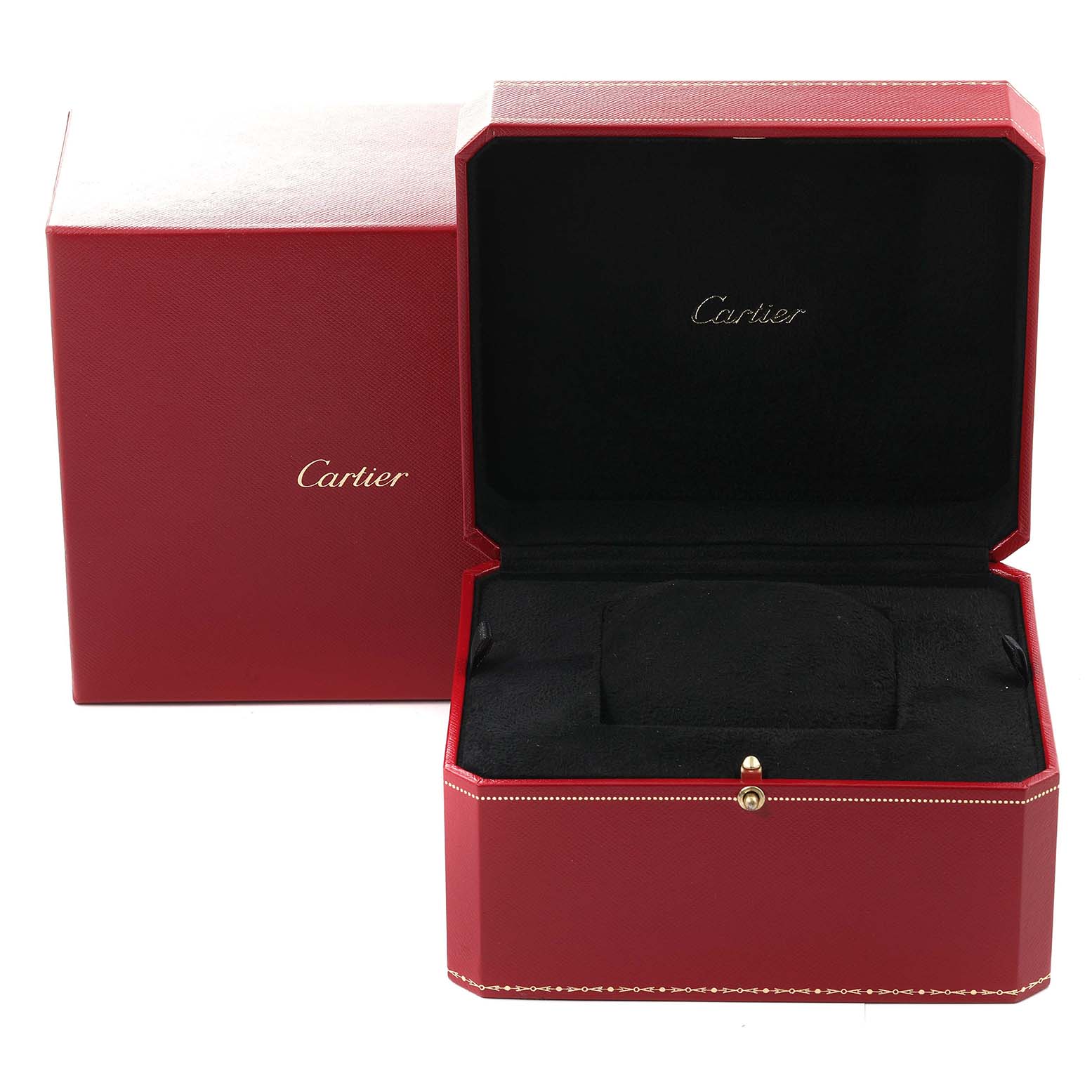 The image shows an open red Cartier watch box for the Ballon Bleu model, featuring both the outer and inner boxes.