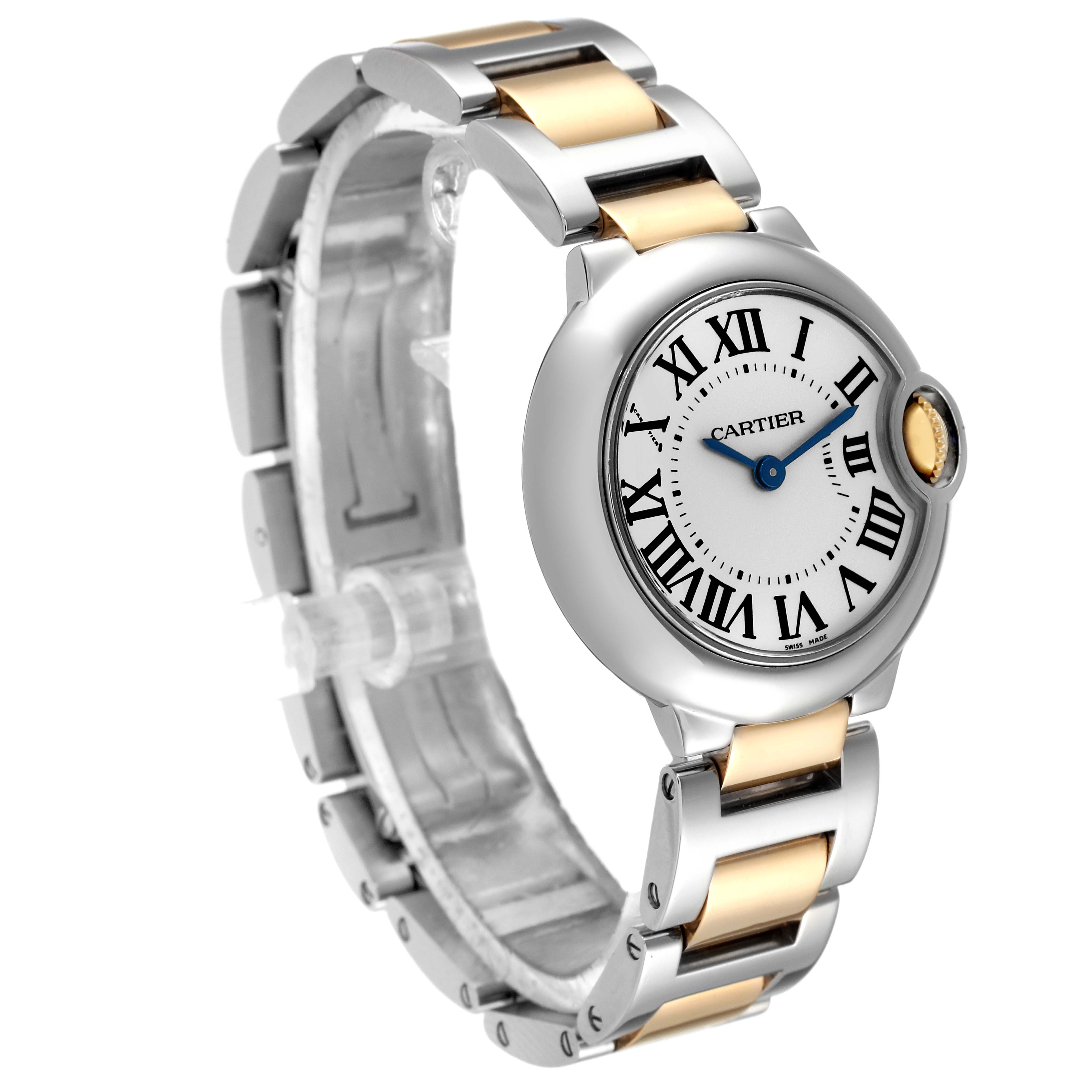 The Cartier Ballon Bleu W69007Z3 Women
s Steel and Gold (two tone) Silver Dial W69007Z3 Women
s Steel and Gold (two tone) Silver Dial watch is shown at a slight angle, displaying the face, Roman numerals, and part of the two-tone metal band.