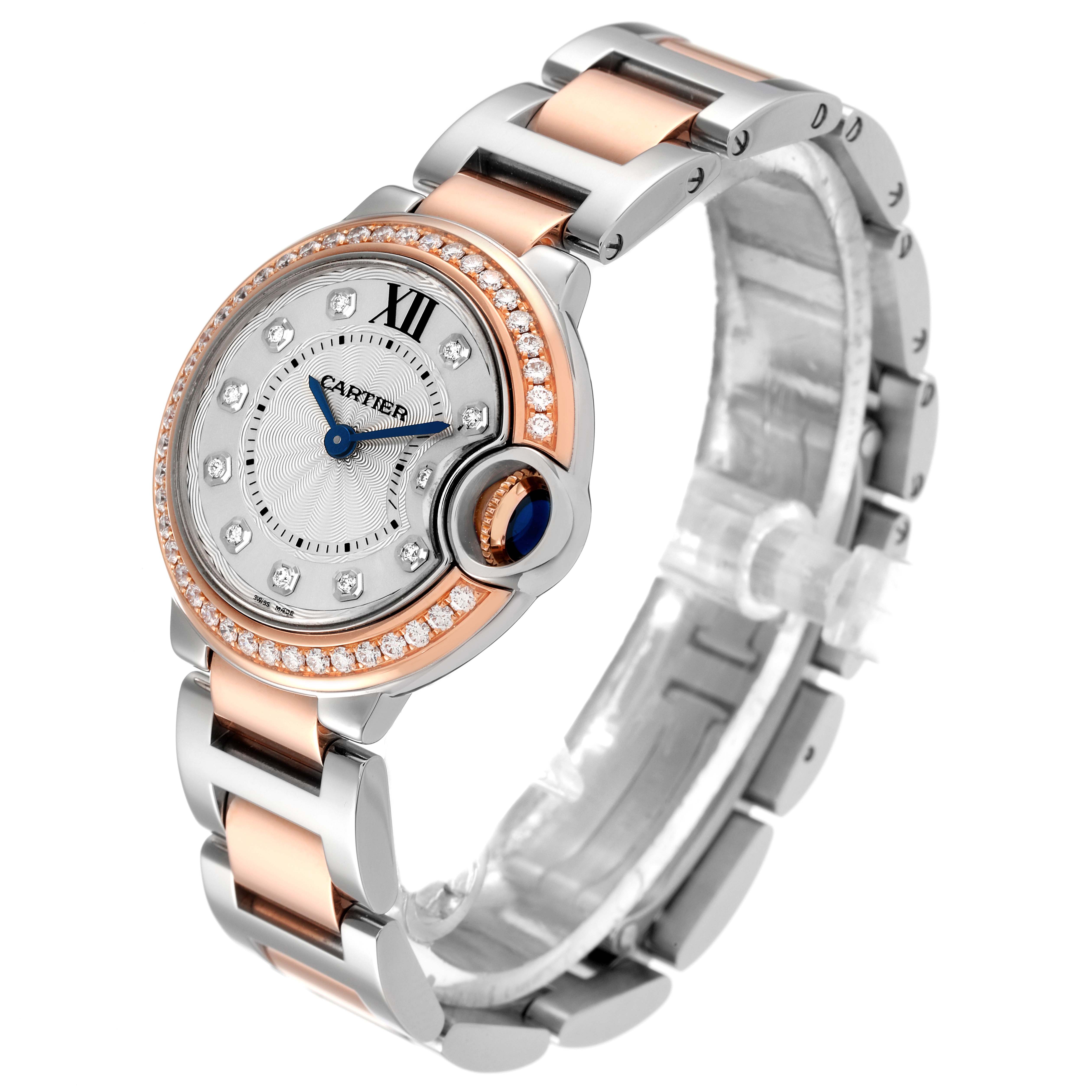 This image shows an angled view of the Cartier Ballon Bleu W3BB0009 Women's Steel and Gold (two tone) Silver Dial W3BB0009 Women's Steel and Gold (two tone) Silver Dial watch, displaying its face and bracelet.