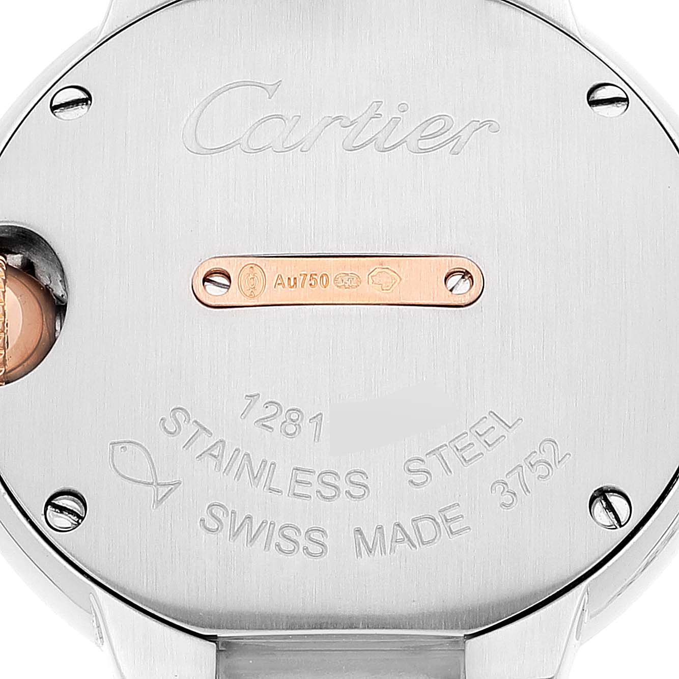 The image shows the back of a Cartier Ballon Bleu W3BB0009 Women's Steel and Gold (two tone) Silver Dial W3BB0009 Women's Steel and Gold (two tone) Silver Dial watch, highlighting its stainless steel casing and engravings.