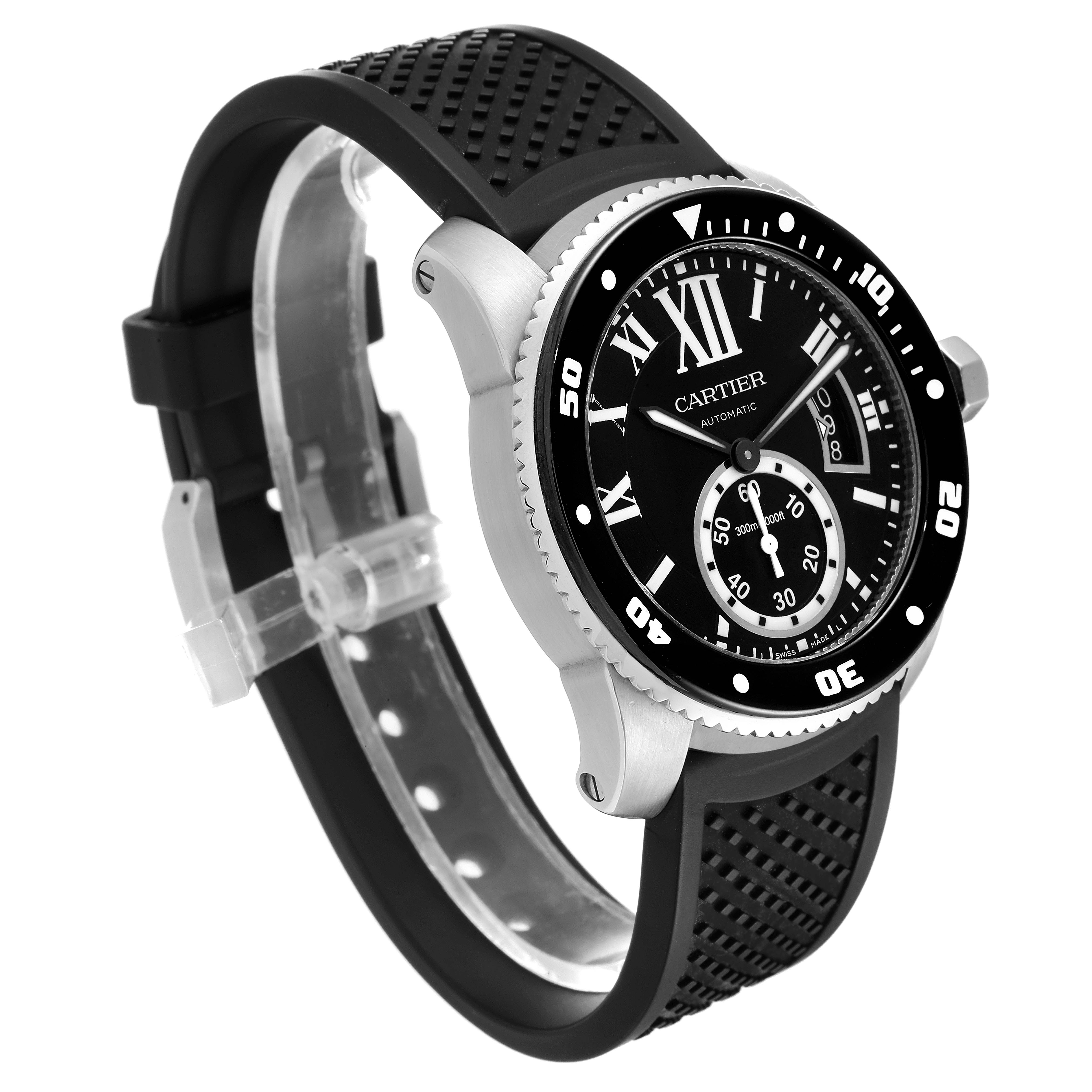The image shows a side angle view of a Calibre de Cartier watch by Cartier, highlighting the watch face, bezel, and rubber strap.