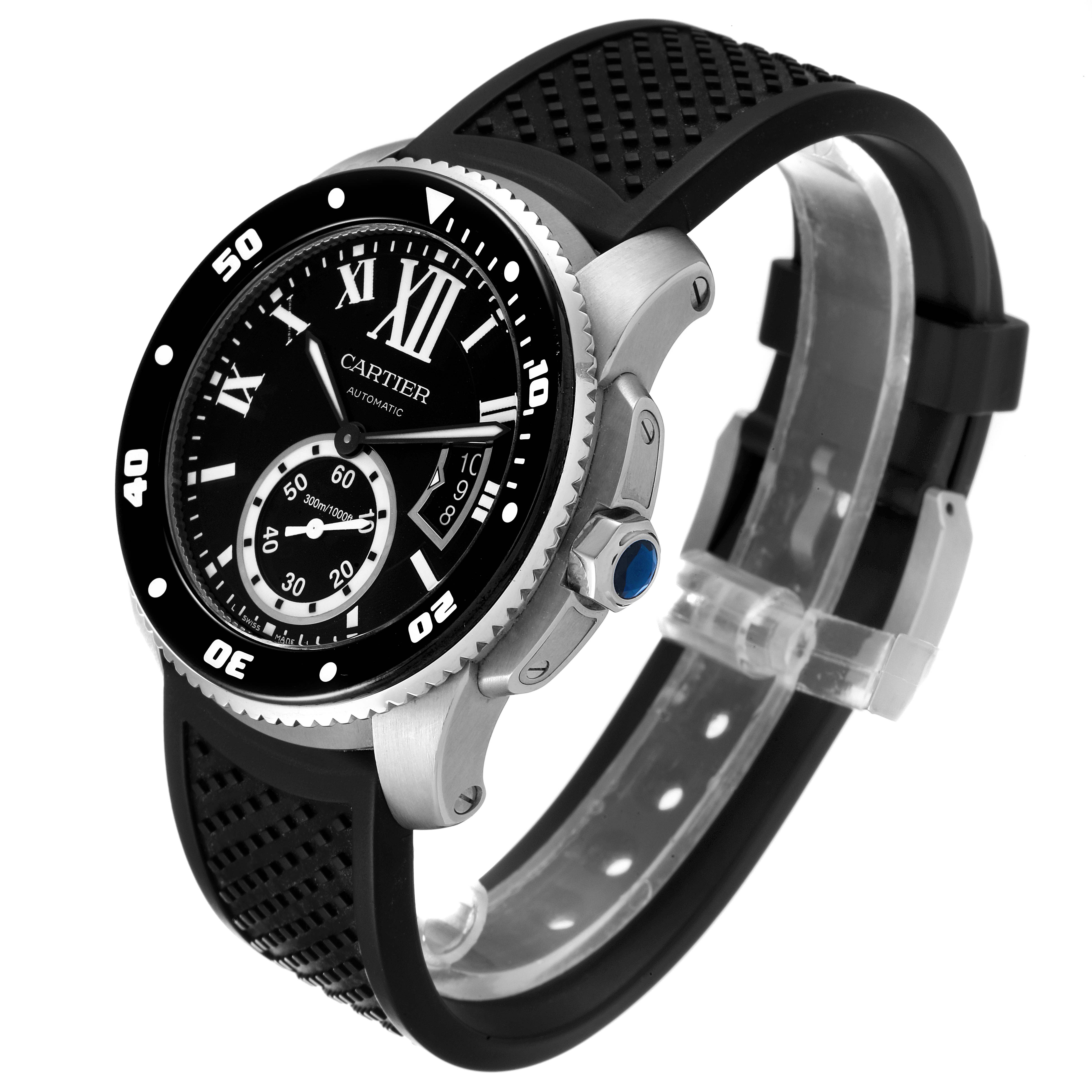 The image shows a side angle of the Calibre de Cartier watch, highlighting the bezel, dial, and rubber strap.