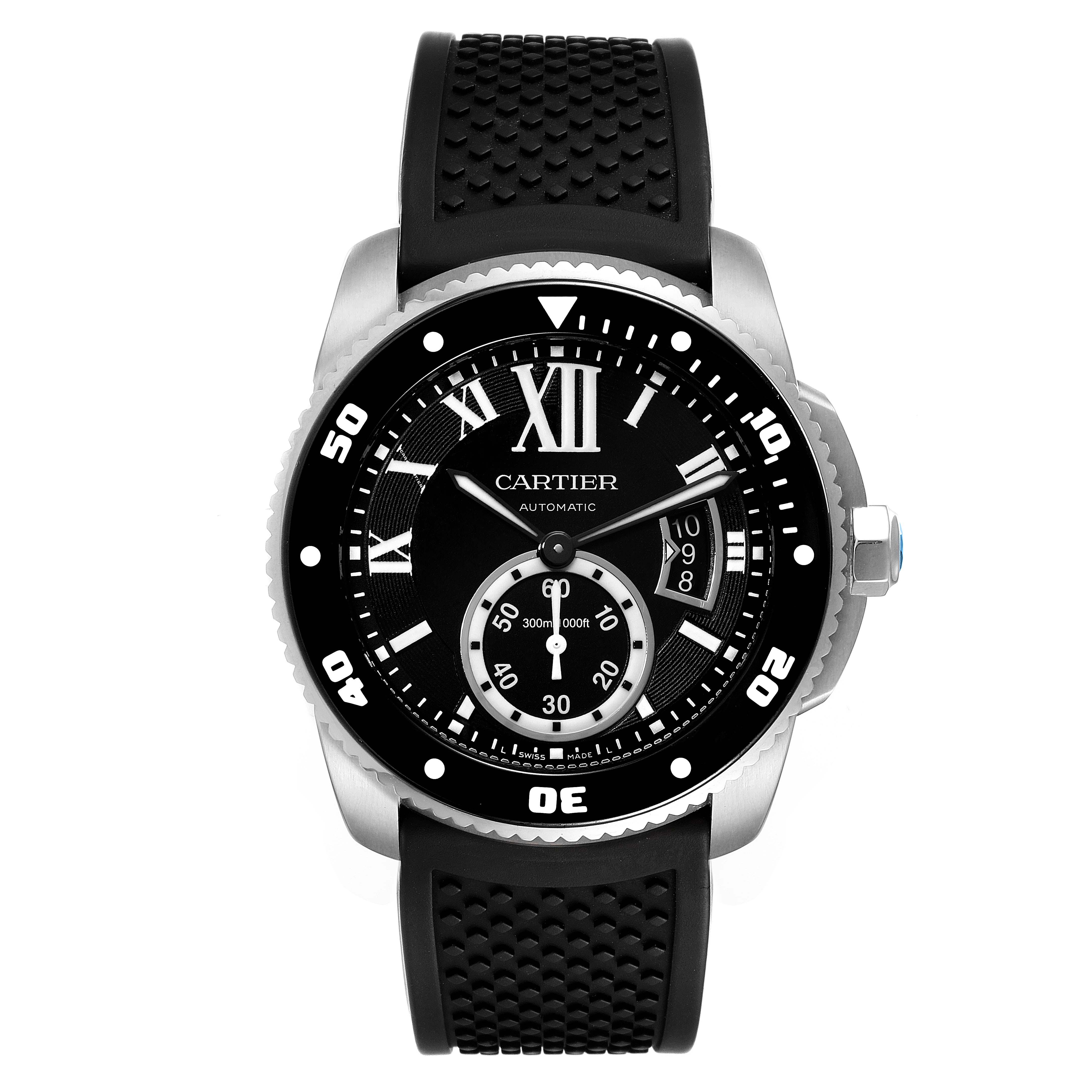 This is a front view of the Calibre de Cartier watch by Cartier, showing the dial, bezel, and rubber strap.