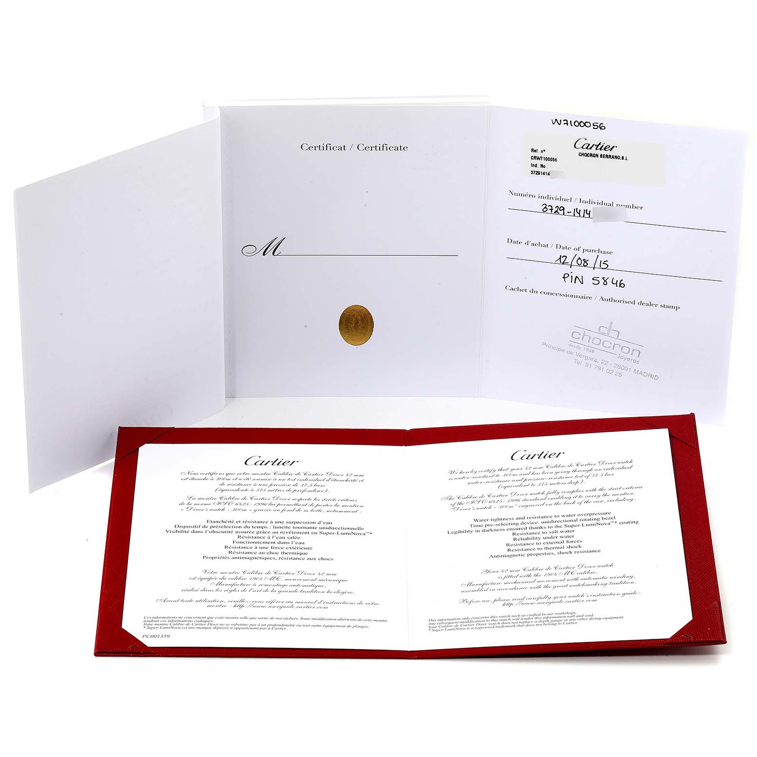 This image shows the certificate and warranty card for a Calibre de Cartier model by Cartier, displayed open on a flat surface.