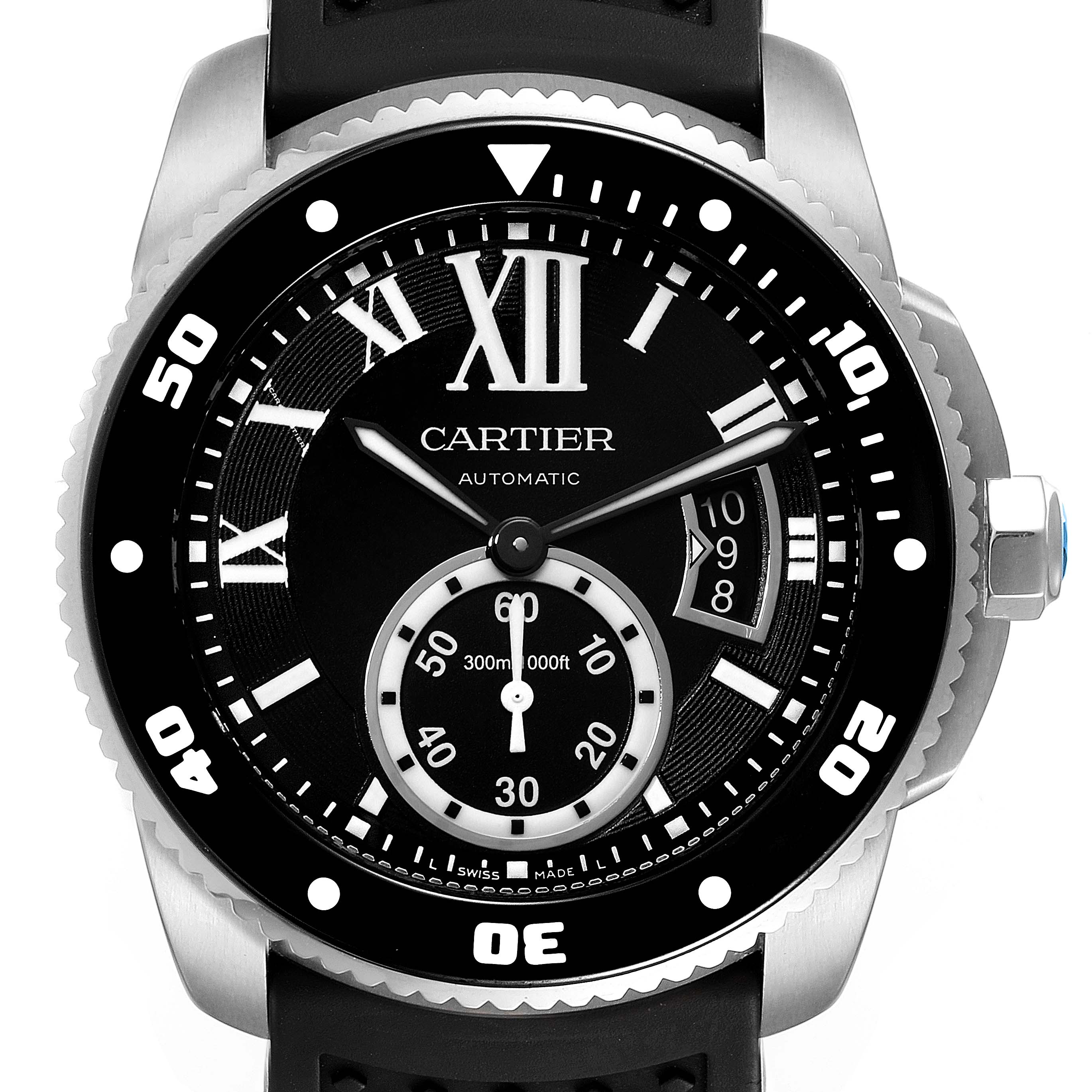 The image shows a front view of a Calibre de Cartier watch by Cartier, highlighting its dial, bezel, and crown.