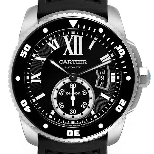 Photo of Cartier Calibre Diver Black Rubber Strap Steel Mens Watch W7100056 Box Papers