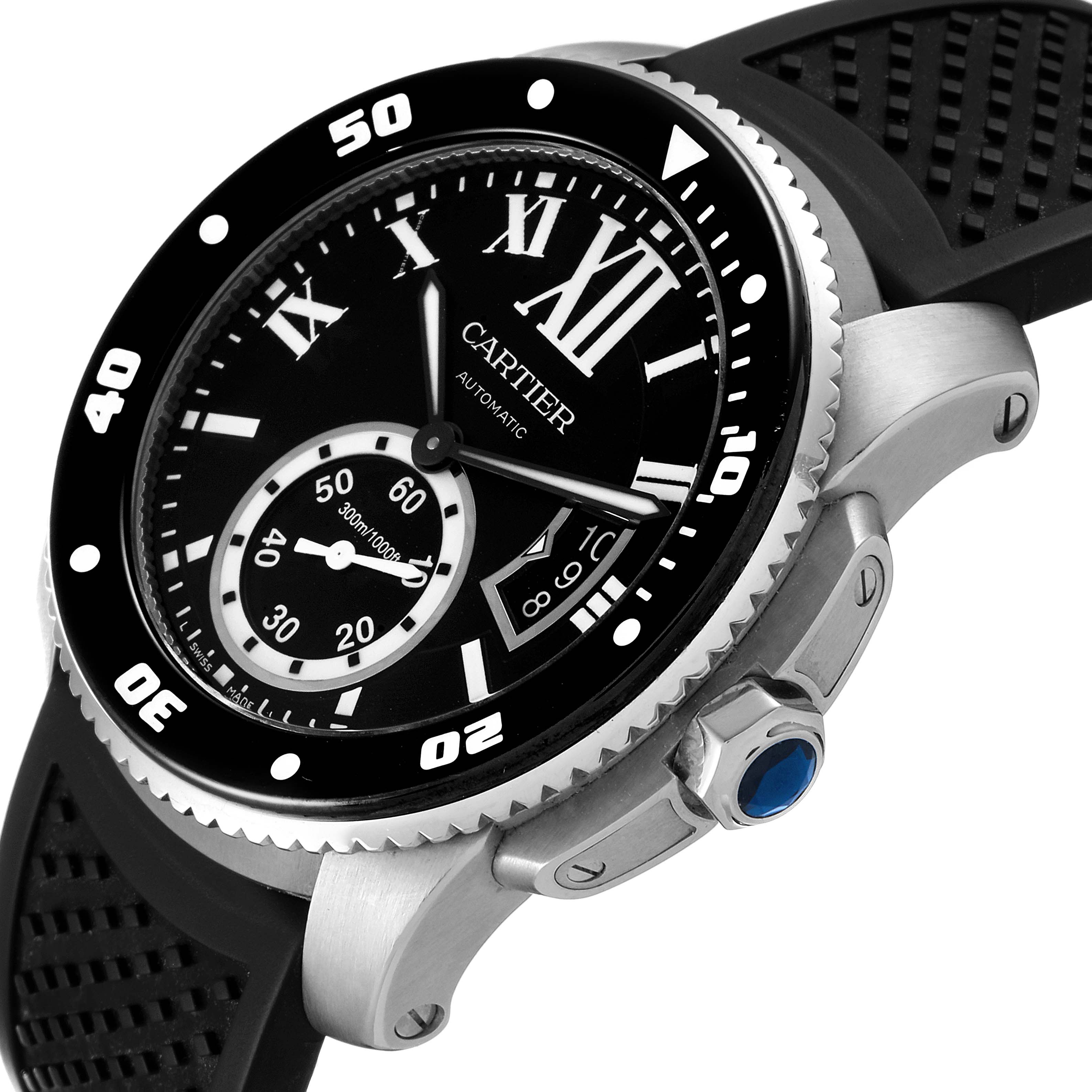 This angled view shows the dial, bezel, crown, and part of the strap of the Calibre de Cartier watch by Cartier.