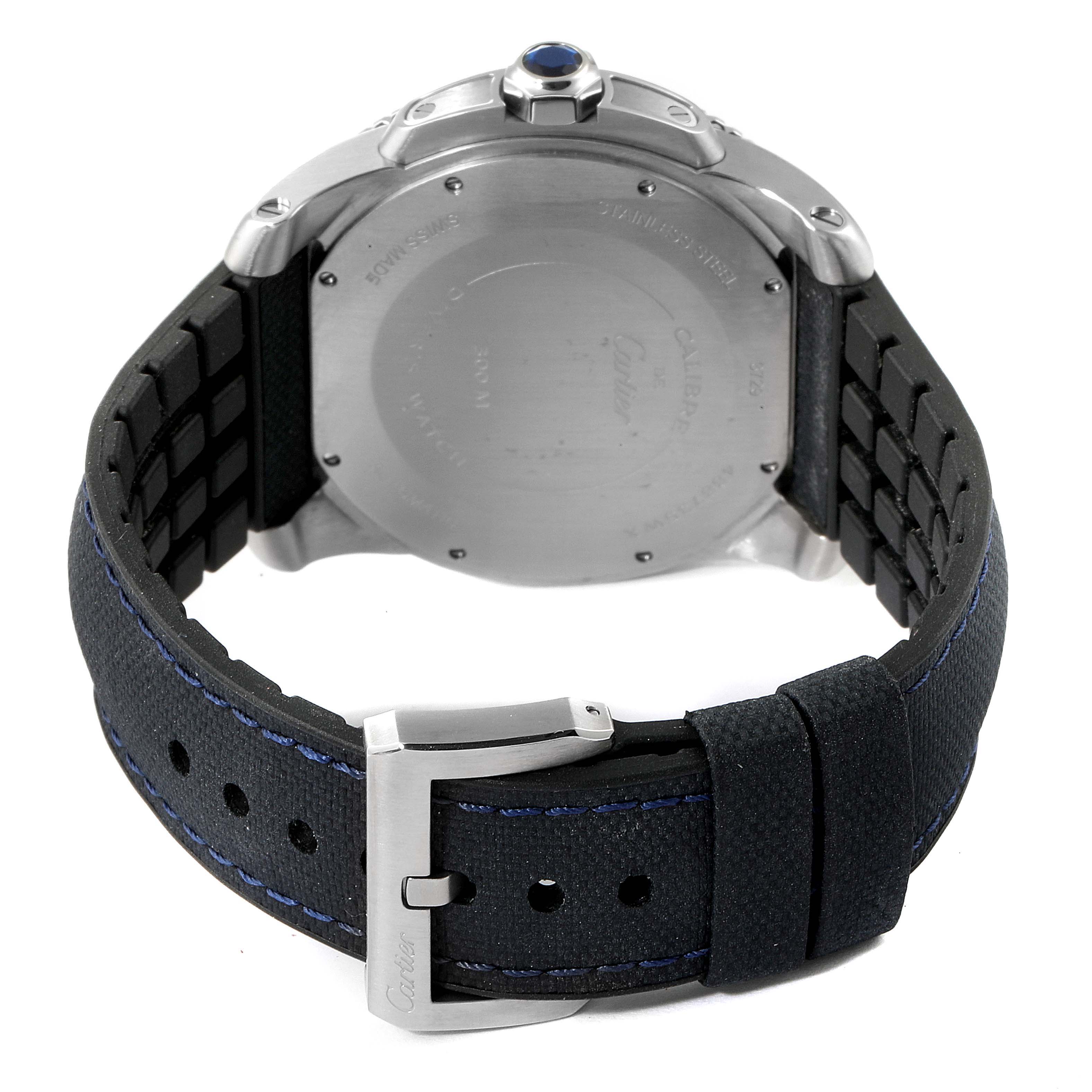 This image shows the back and strap of a Calibre de Cartier watch by Cartier.