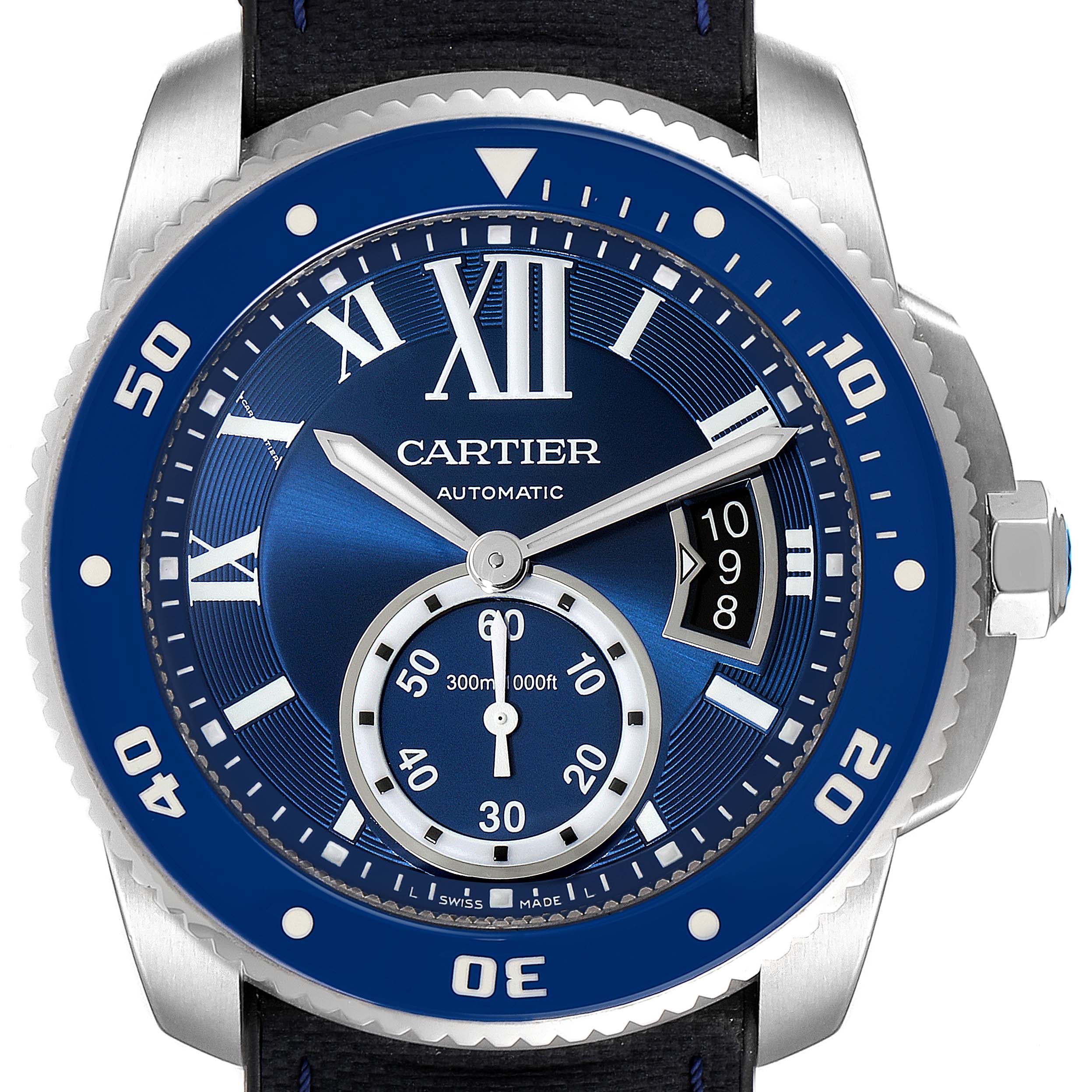 This image shows a frontal view of the dial and bezel of the Calibre de Cartier watch by Cartier.