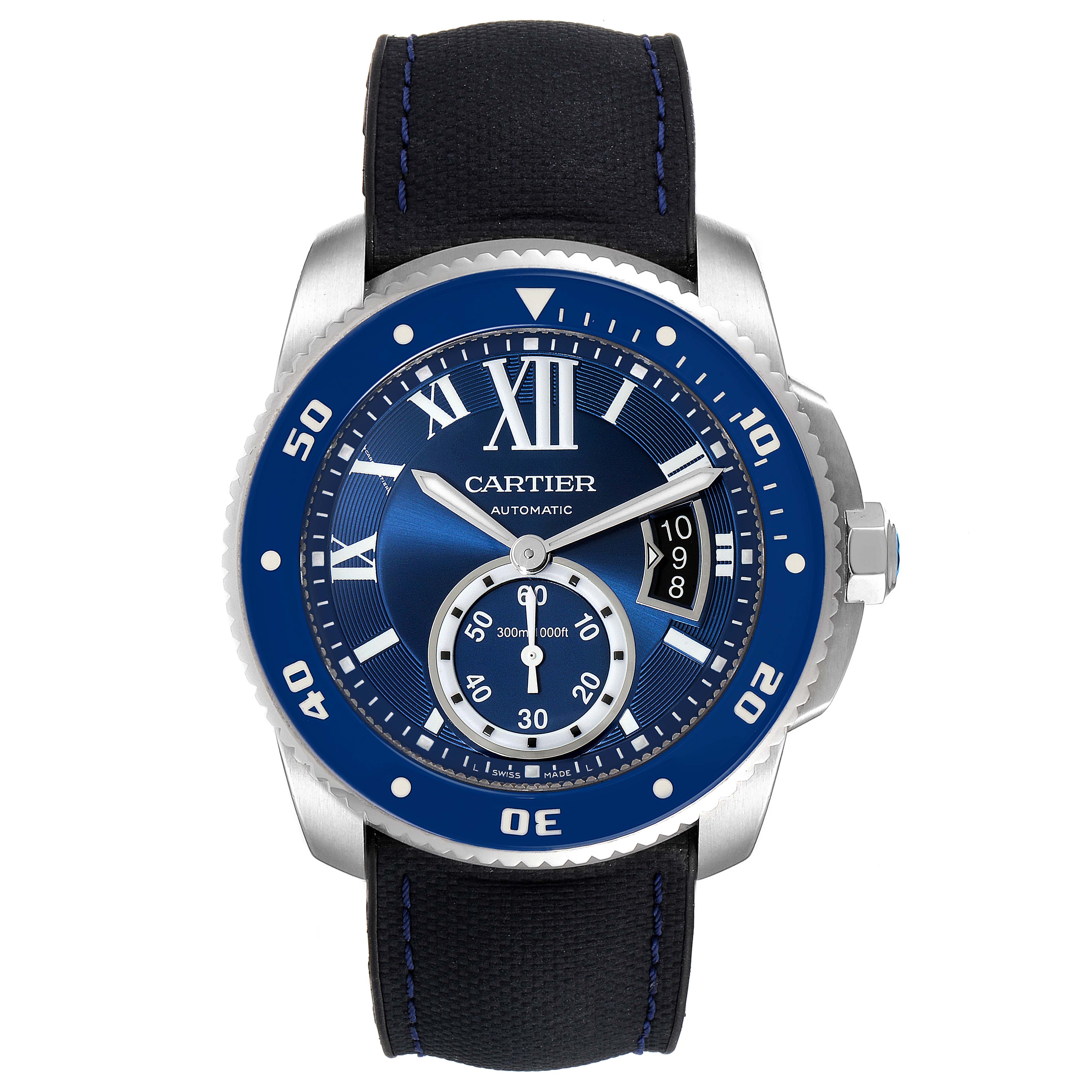 The image shows a frontal view of the Calibre de Cartier watch by Cartier, highlighting its face, bezel, and strap.