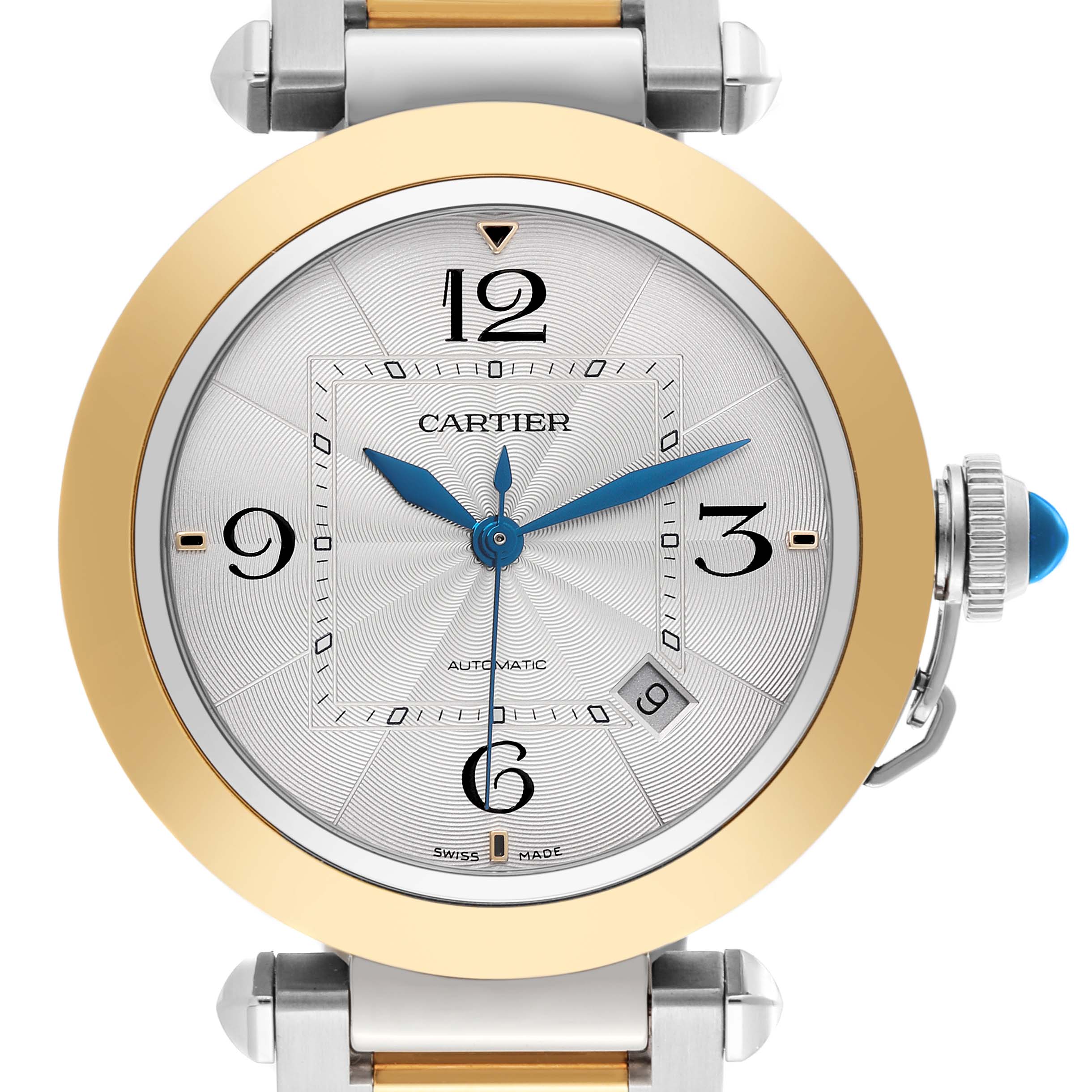 The Cartier Pasha W2PA0009 Men's Steel and Gold (two tone) Silver Dial W2PA0009 Men's Steel and Gold (two tone) Silver Dial watch is shown from the front, highlighting its gold bezel, blue hands, and date window.