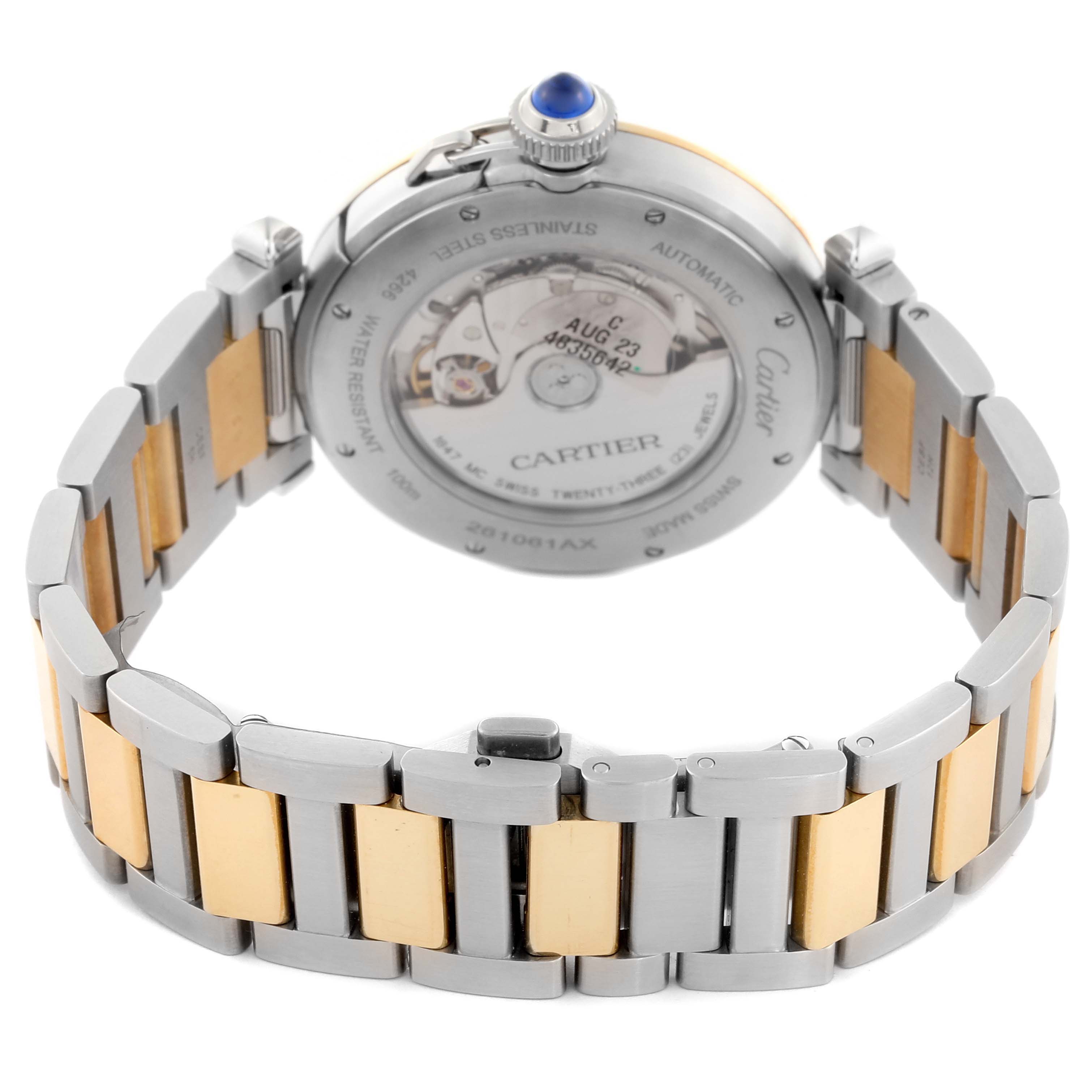 The Cartier Pasha W2PA0009 Men's Steel and Gold (two tone) Silver Dial W2PA0009 Men's Steel and Gold (two tone) Silver Dial watch is shown from the back, displaying its open case back and bi-metal bracelet.