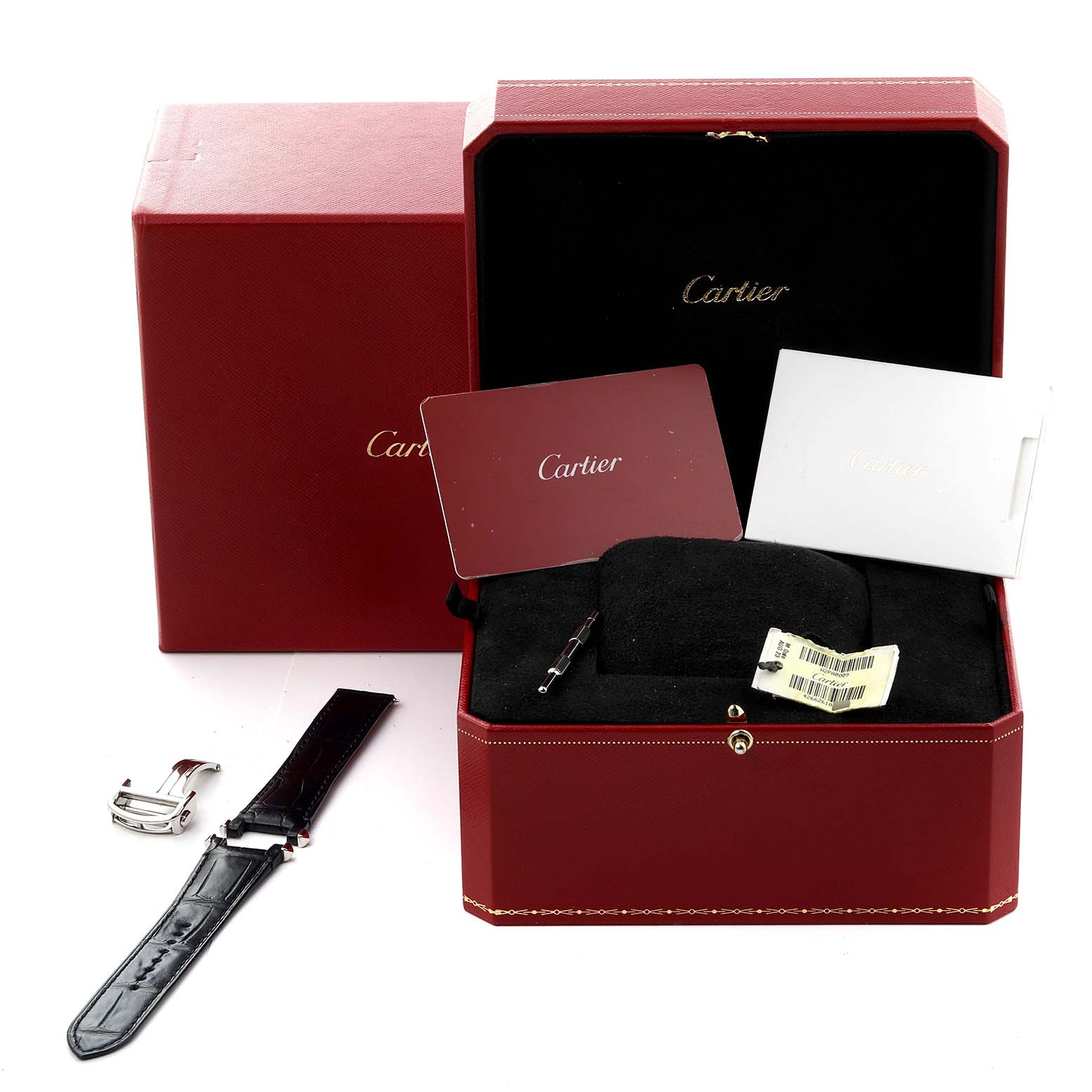 The image shows a Cartier Pasha W2PA0009 Men's Steel and Gold (two tone) Silver Dial W2PA0009 Men's Steel and Gold (two tone) Silver Dial model watch box, extra strap, clasp, and documentation.