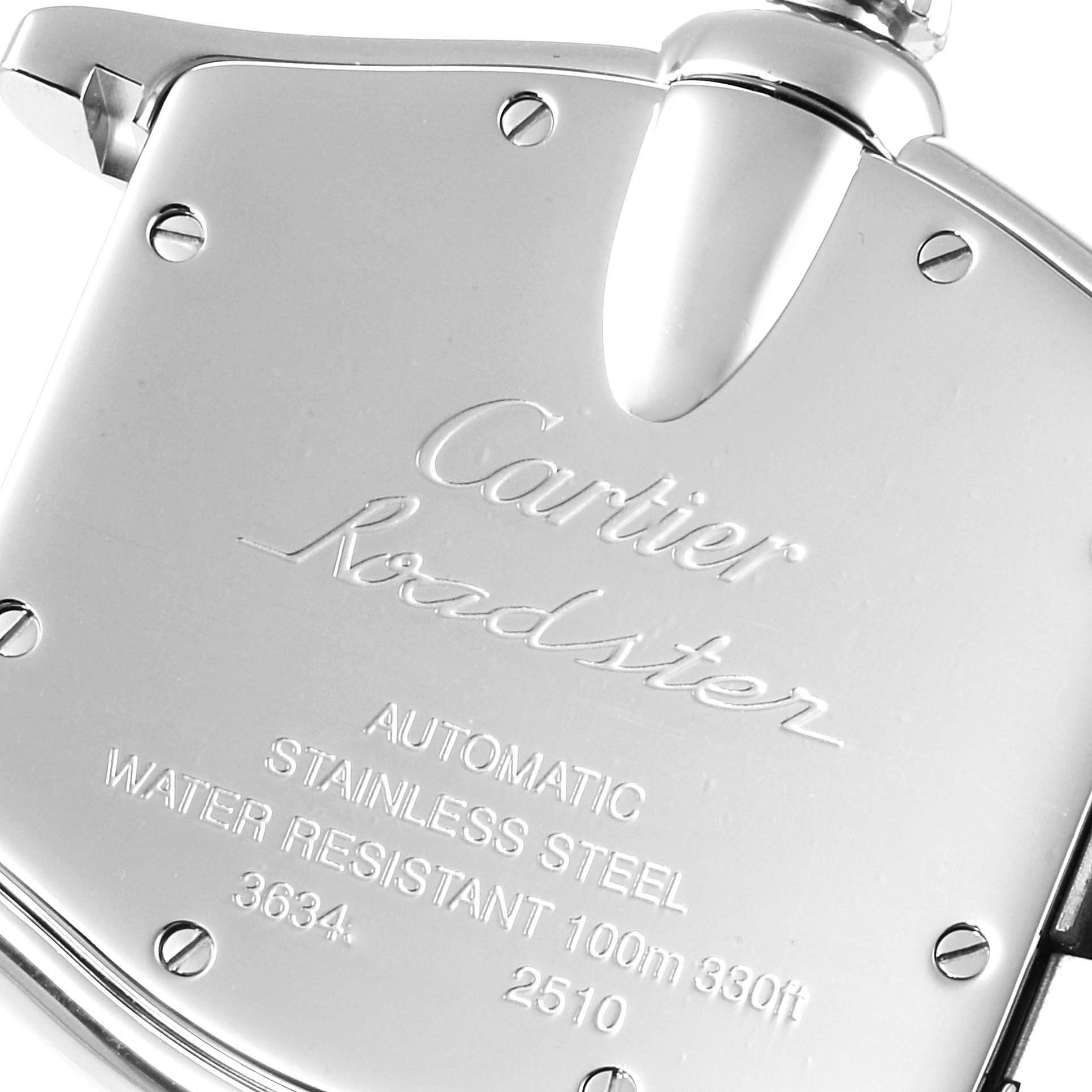 The image shows the back case of a Cartier Roadster W62002V3 Men
s Stainless Steel Black Dial W62002V3 Men
s Stainless Steel Black Dial watch, featuring engraving details and water resistance information.