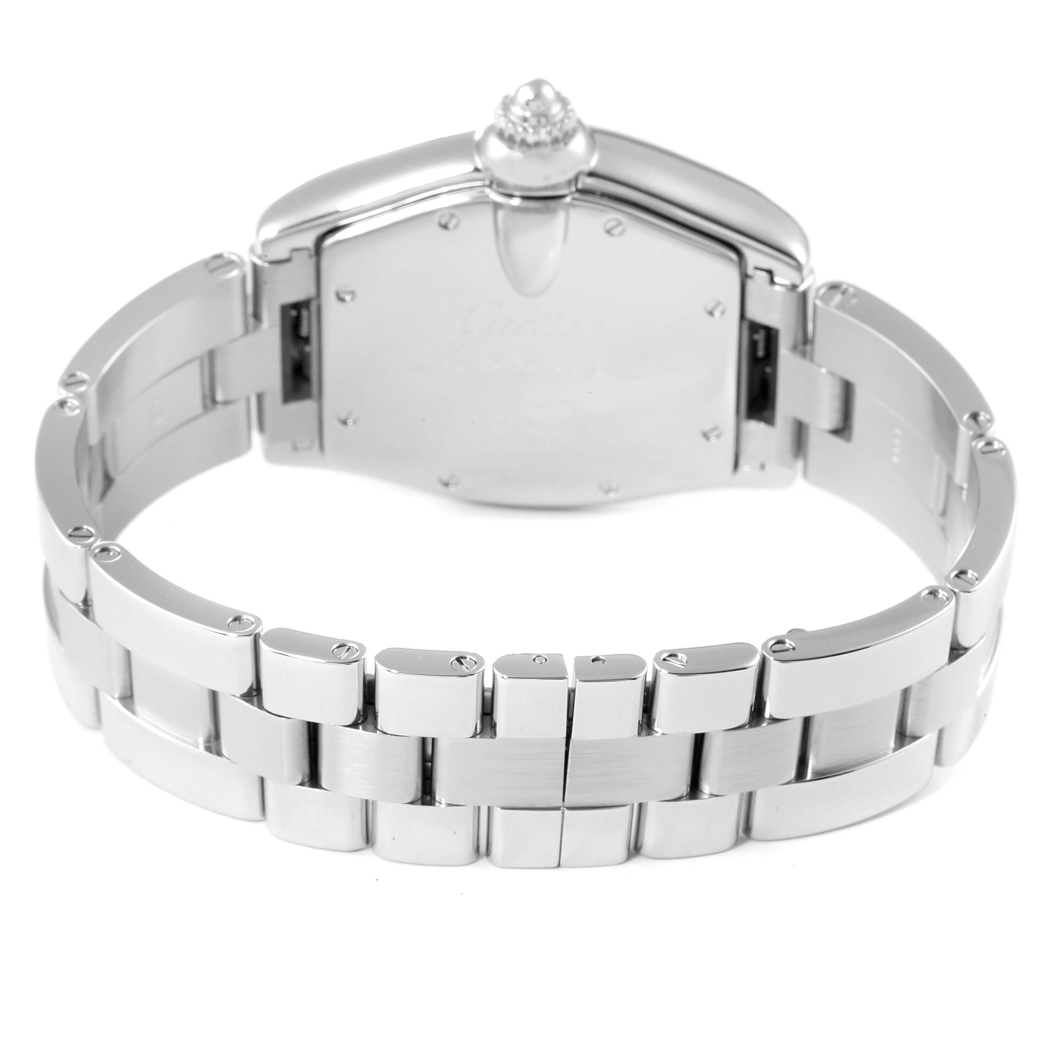 This image shows the back view of the Roadster model by Cartier, featuring its stainless steel bracelet and clasp.