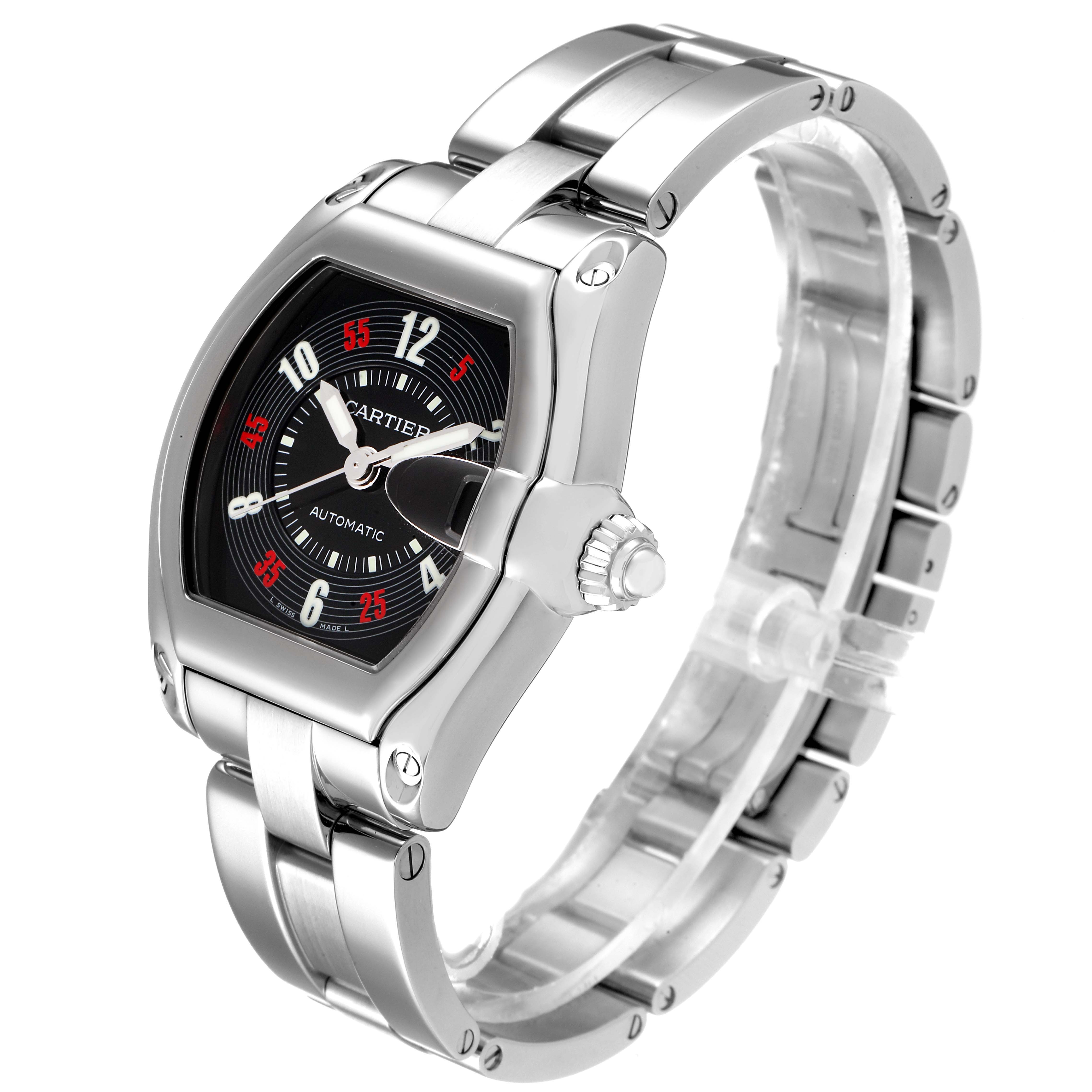 This Cartier Roadster W62002V3 Men
s Stainless Steel Black Dial W62002V3 Men
s Stainless Steel Black Dial watch is shown from an angled front view highlighting its face, crown, and bracelet.