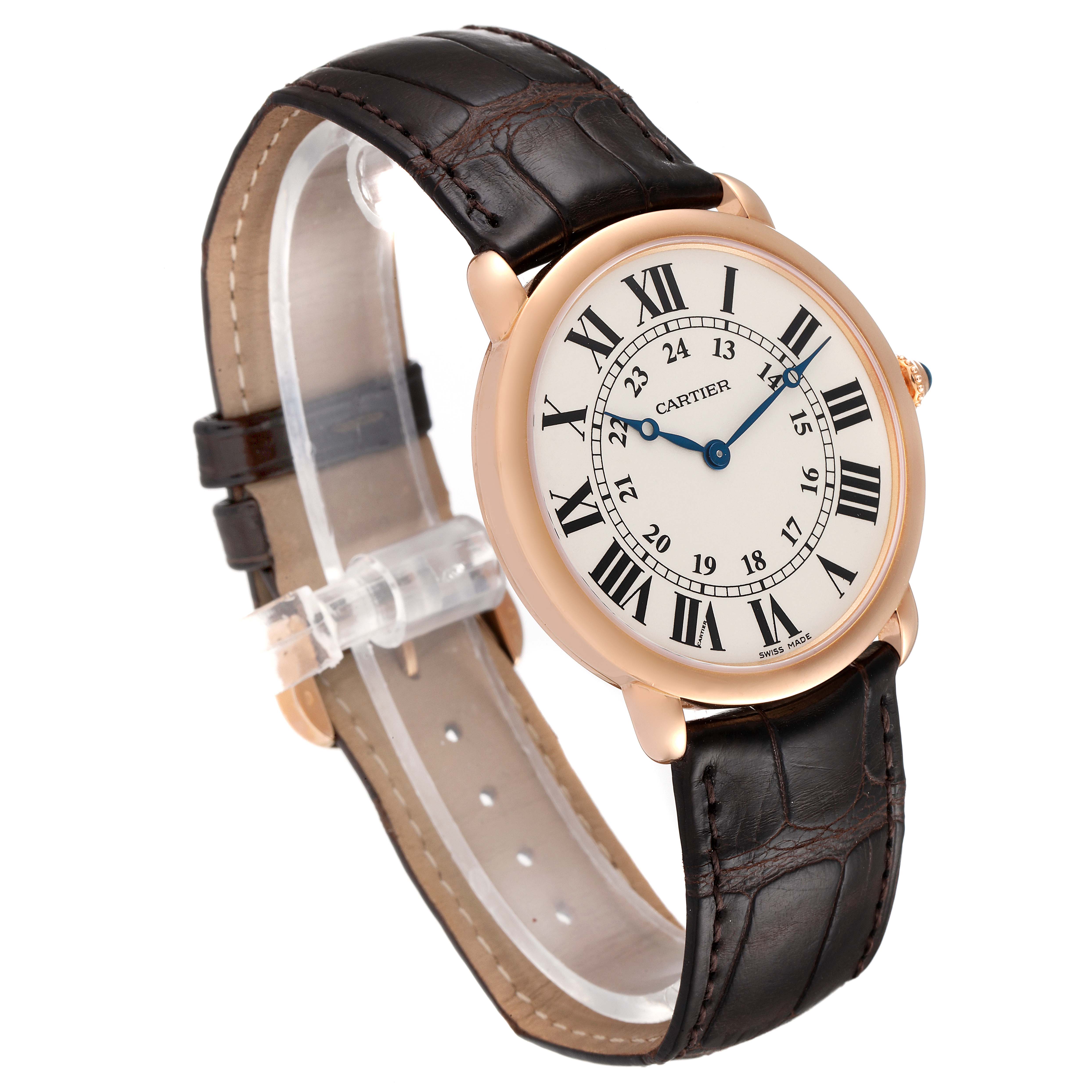 The image shows a Cartier Ronde W6800251 Men's Rose Gold Silver Dial W6800251 Men's Rose Gold Silver Dial model watch from a front-left angle, highlighting the dial, Roman numerals, and leather strap.