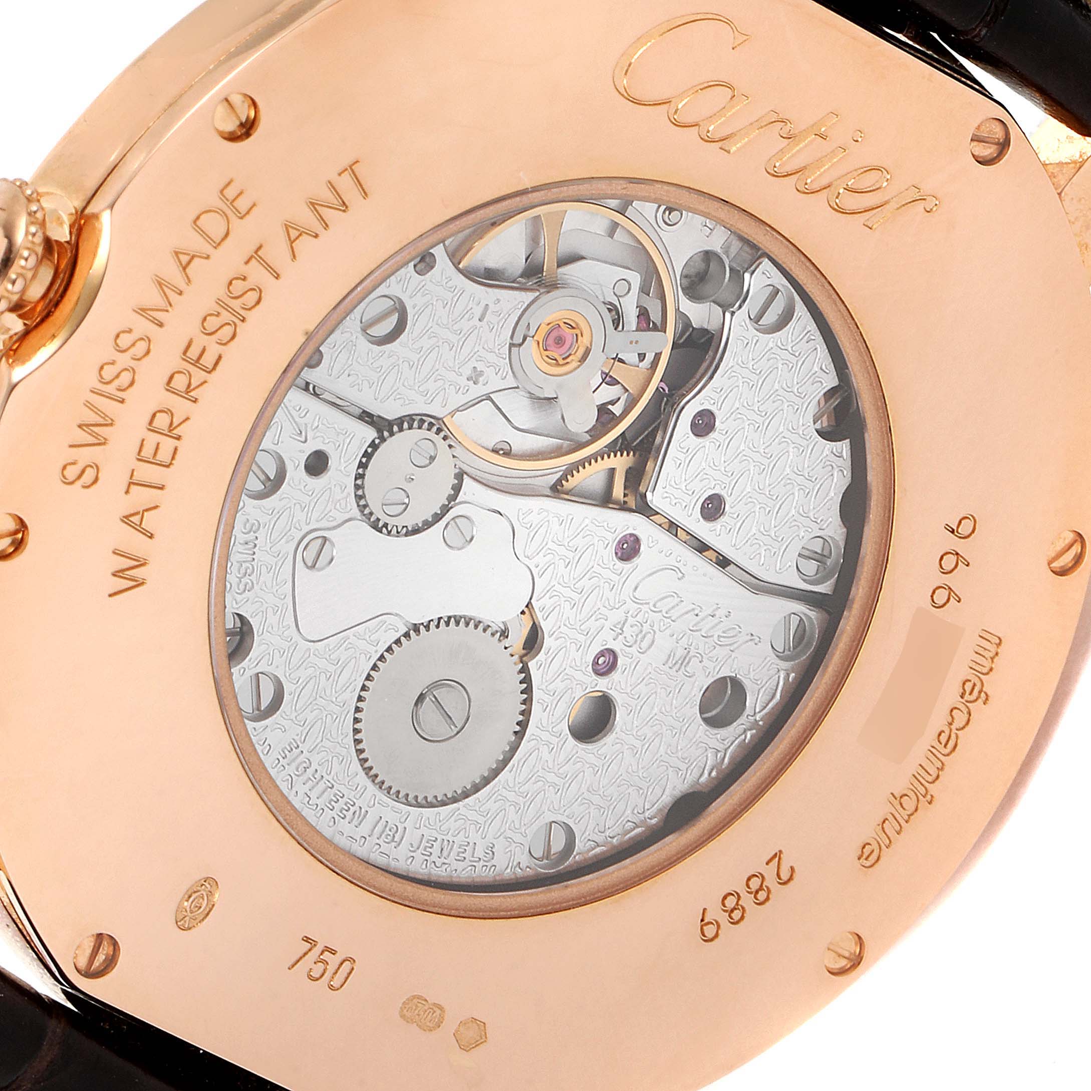The image shows the back view of a Cartier Ronde W6800251 Men's Rose Gold Silver Dial W6800251 Men's Rose Gold Silver Dial model watch, focusing on its mechanical movement and engraved details.